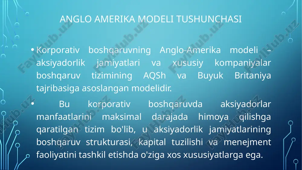 lar manfaatlarini hisobga olgan holda faoliyat yuritishadi, bu esa kompaniyaning umumiy samaradorligini oshiradi. bozorning rivojlanishi: kapitalning erkin aylanishi va kompaniyalar ustidan nazoratning osonlashuvi bozorning rivojlanishiga hissa qo'shadi. anglo amerika thanks thanks for your watching image1.png image3.png /docprops/thumbnail.jpeg