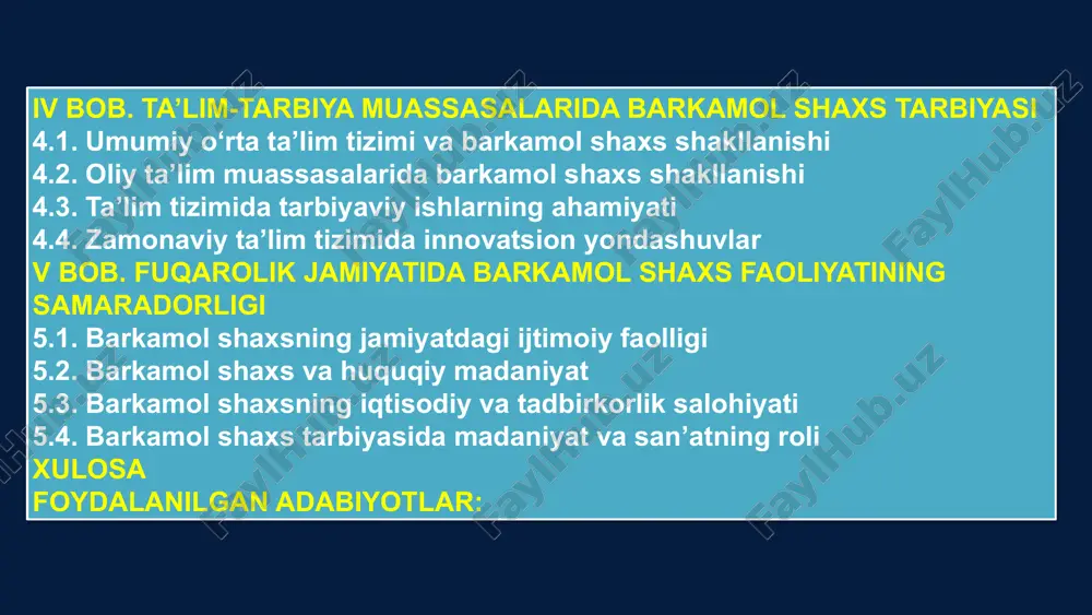 insonning ilm olishga intilishi, dunyoqarashini kengaytirishi. axloq va ma’naviyat – insonning ijtimoiy qadriyatlarga mos hayot kechirishi. jismoniy sog‘lomlik – sog‘lom turmush tarzini olib borish, jismonan baquvvat bo‘lish fuqarolik mas’uliyati – jamiyatning rivojlanishiga hissa qo‘shish, qonunlarga rioya qilish. o‘zbek falsafasida barkamol shaxs tushunchasi o‘zbek falsafasida barkamol shaxs tushunchasi milliy qadriyatlar, tarixiy meros va ma’naviy-ma’rifiy tamoyillar bilan chambarchas bog‘liq. xususan, o‘zbekiston respublikasi mustaqillikka erishgandan so‘ng, “barkamol avlod” g‘oyasi davlat siyosatining muhim yo‘nalishlaridan biri sifatida qaralmoqda o‘zbek falsafasida barkamol shaxs quyidagi tamoyillarga asoslanadi: ilm va ma’rifatga intilish; axloqiy yetuklik va odob; oila, millat va vatanga sadoqat; sog‘lom turmush tarzi. barkamol shaxs shakllanishida ma’naviyat va axloqning roli har bir xalqning o‘ziga xos madaniyati, urf-odatlari, milliy qadriyatlari mavjud bo‘lib, ular avloddan-avlodga o‘tib kelmoqda. o‘zbekistonning milliy qadriyatlari quyidagilarni o‘z ichiga oladi: oila muqaddasligi va mehr-oqibat; mehnatsevarlik va halollik; mehnatsevarlik va halollik; vatanga sadoqat va fidoyilik lorem ipsum dolor sit amet, consectetur adipiscing elit. duis vulputate nulla …