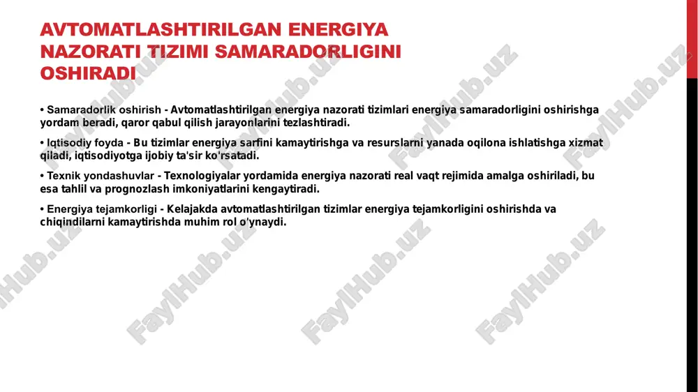 oshqarish tizimlari energiya iste'molini yanada optimallashtirish imkonini beradi. bu tizimlar energiya sarfini kamaytiradi va operatsion samaradorlikni oshiradi. • ma'lumotlar tahlili - katta ma'lumotlarni tahlil qilish energiya boshqaruvi strategiyalarini yaxshilaydi. tahlil yordamida energiya sarfi va talab haqida aniq ma'lumot olish mumkin. • kelajak uchun istiqbollar - kelajakda energiya boshqaruvi texnologiyalari orqali samaradorlik va barqarorlik yanada oshishi kutilmoqda. innovatsiyalar energiya tizimlarining barqarorligini ta'minlaydi. • ma'lumotlar tahlilining ahamiyati - ma'lumotlar tahlili, energiya sarfini o'lchash va tahlil qilish imkonini beradi. bu, energiya resurslarini tejash va samaradorlikni oshirish uchun zarur. • strategiyalarni ishlab chiqish - tahlil natijalari asosida energiya iste'molini kamaytirish bo'yicha yechimlar ishlab chiqiladi. ular, foydalanuvchilarni samarali xarajatlar rejalashtirishga jalb qiladi. ma'lumotlar tahlili energiya sarfini kamaytiradi yangi texnologiyalar energiya samaradorligini oshiradi • energiya tejamkorligi - yangi texnologiyalar energiya iste'molini pasaytirishga qaratilgan. masalan, led chiroqlar an'anaviy lampalarga nisbatan ko'proq samaradorlikka ega. • qayta tiklanuvchi energiya - qayta tiklanuvchi energiya manbalari, masalan, quyosh va shamol energiyasi, …