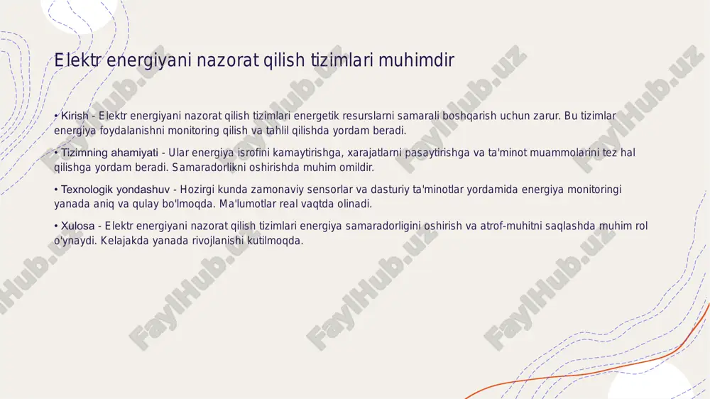 ofadan boshqarish tizimlari samaradorlikni oshiradi. moliya va vaqtni tejash imkoniyatlarini taqdim etadi. avtomatlashtirish energiya samaradorligini oshiradi • avtomatlashtirishning mohiyati - avtomatlashtirish jarayoni inson faoliyatini samarali bajarish uchun texnologiyalarni qo'llaydi. • energiya tejamkorligi - avtomatlashtirish energiya tejamkorligini oshirishga yordam beradi, bu esa ishlab chiqarish xarajatlarini kamaytiradi. • o'zgarishlar va misollar - yana bir misol sifatida, aqlli uy tizimlari energiyani yanada samarali ishlatishga imkon beradi. • kelajakdagi imkoniyatlar - avtomatlashtirish energiya samaradorligini oshirish orqali iqtisodiy rivojlanishni qo'llab- quvvatlaydi. ma'lumotlar tahlili qaror qabul qilishda yordam beradi • ma'lumotlar tahlili ahamiyati - ma'lumotlar tahlili qaror qabul qilish jarayonida muhim rol o'ynaydi. u to'g'ri ma'lumotlarni tahlil qilish orqali yangiliklarni kashf etish imkoniyatini beradi. • statistik tahlil usullari - statistik usullar yordamida trendlar aniqlanadi va natijalar chiqadi. bu esa jamoalar va boshqaruvchilar uchun asosli qarorlar qabul qilish imkoniyatini beradi. avtomatlashtirilgan tizimlar xavfsizlikni ta'minlaydi • tizimning ishonchliligi - avtomatlashtirilgan tizimlar xavfsizlikni oshirishda muhim rol o'ynaydi. ular inson …
