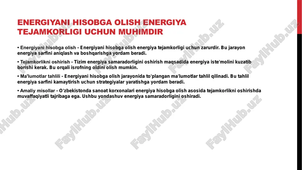 tish uchun asboblar foydalaning • energiya samaradorligi - energiya sarfini kuzatish asboblari energiya samaradorligini oshirishda muhim rol o'ynaydi. ular energiya iste'molining qanday yuqori yoki past ekanligini ko'rsatadi. • o'lchov asboblari - turlari orasida energiya monitoringi uchun elektr hisoblagichlari, issiqlik hisoblagichlari va suv hisoblagichlari mavjud. ushbu asboblar energiya zatlarining iste'molini aniq ko'rsatadi. • ma'lumot tahlili - sarflangan energiya haqida to'plangan ma'lumotlar yordamida iqtisodiy strategiyalar ishlab chiqish mumkin. analizlar energiya sarfini kamaytirish va tejamkorlikni oshirishga yordam beradi. • natijalar va foydalar - energiya sarfini kuzatish energiya tejash imkoniyatlarini aniqlaydi. bu nafaqat xarajatlarni kamaytiradi balki ekologik muhitni himoya qilishga yordam beradi. energiya sarfini kamaytirish uchun maqsadlar qo'ying • energiya tejashning ahamiyati - energiya sarfini kamaytirish atrof-muhitni muhofaza qilish va resurslarni tejash uchun muhimdir. tez o'zgarayotgan iqlim sharoitida energiya iste'molini kamaytirish zaruriyati ortmoqda. • maqsadlarni belgilash - energiya iste'moli uchun o'ziga xos maqsadlar qo'yish muhimdir. misol uchun, yillik energiya sarfini 10 foizga kamaytirish strategiyasini …