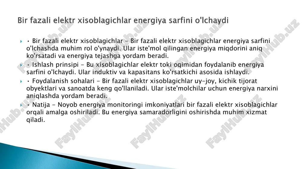 niqlikni ta'minlash mumkin. bunday nazorat resurslarni samarali foydalanishga yordam beradi. • energiyani tejash imkoniyatlari - yuqori sifatli xisoblagichlar energiya sarfini aniq o„lchash orqali energiyani tejash imkoniyatlarini oshiradi. bu orqali iste'molchining energiya sarfini tahlil qilish osonlashadi. • qulay ish sharoitlari - energiyani samarali ishlatish esa ish sharoitlarini yaxshilaydi. qisqa muddatli ma'lumotlar bilan vientoshconning energiya sarfini optimallashtirish imkonini beradi. yuqori sifatli xisoblagichlar energiya samaradorligini oshiradi  • energiya tejashning ahamiyati - energiya tejash atrof muhitni muhofaza qilish va iqtisodiy resurslarni saqlashda muhim rol o'ynaydi. bu insonlar va kelajak avlodlar uchun foydalidir.  • xisoblagichlarning roli - xisoblagichlar energiya iste'molini nazorat qilish va optimal foydalanish imkoniyatini beradi. bu orqali ortiqcha sarflar kamayadi.  • misol sifatida - masalan, elektr xisoblagichidan foydalanish energiya xarajatlarini 20 foizgacha kamaytirishi mumkin. bu iqtisodiy samaradorlikni oshiradi.  • natijaviy xulosa - xisoblagichlardan foydalanish energiya tejashda samarali vosita hisoblanadi. ular individual va jamoat xarajatlarini kamaytirishga yordam beradi. xulosa bir …