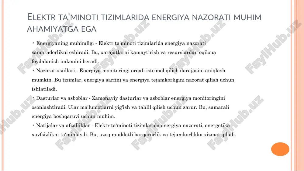 ransport sohalarida energiya iste'molini optimallashtirishga yordam beradi. energiyani hisoblashda avtomatlashtirishdan foydalaning • energiyani hisoblashning ahamiyati - energiyani hisoblash energiya sarfini nazorat qilish uchun muhimdir. to'g'ri hisob-kitoblar energiya samaradorligini oshirishga yordam beradi. • xatolarni kamaytirish strategiyalari - xatolarni kamaytirish uchun standartlashtirilgan metodologiyalar va texnologiyalarni qo'llash zarur. ushbu usullar hisoblarning aniqligini oshiradi. • aniqlik va ishonchlilik - aniq ma'lumotlar va ishonchli manbalardan foydalanish energiya hisoblarini yanada mukammal qiladi. bu, tegishli qarorlar qabul qilishda muhimdir. • natijalar va ta'sir - xatolarni kamaytirish natijasida energiya sarfi va xarajatlar qisqaradi. bu, umumiy barqaror rivojlanishga hissa qo'shadi. energiyani hisoblashda xatolarni kamaytirish lozim • dasturiy ta'minot imkoniyatlari - energiyani nazorat qilish uchun dasturiy ta'minot energiya sarfini tahlil qilish imkonini beradi. bunday vositalar real vaqt rejimida ma'lumotlarni yig'adi va tahlil qiladi. • vaqt va mablag'larni tejash - dasturiy ta'minot energiya sarfini optimallashtirish orqali vaqt va moliyaviy resurslarni tejashga yordam beradi. bu, shuningdek, energiya tejashni ta'minlaydi. energiyani nazorat qilishda …