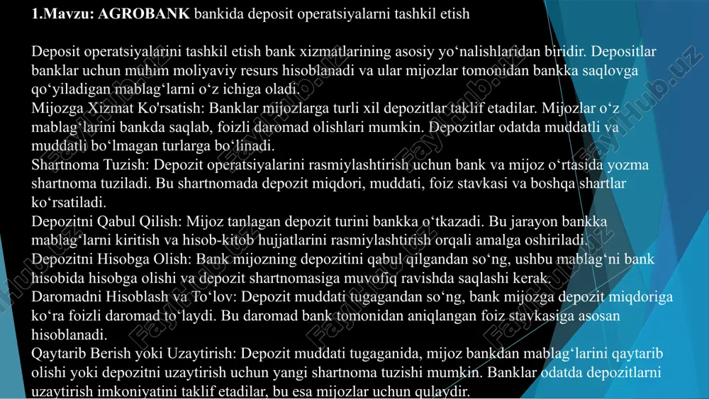 -kitob tizimida yozib boriladi. bu jarayon naqd pulning harakatini aniq va to‘g‘ri yozib borishni talab qiladi. kassa ma’lumotlarini tayyorlash: bank kassa xodimlari kassa operatsiyalari bo‘yicha kunlik, haftalik va oylik hisobotlarni tayyorlaydilar. xatolarni aniqlash va bartaraf etish: kassa operatsiyalarida yuzaga keladigan xatolarni aniqlash va bartaraf etish muhimdir. bank kassa xodimlari kassa operatsiyalarining to‘g‘riligini ta’minlash uchun zaruriy choralarni ko‘radilar. 3.mavzu: agrobank bankining kredit operatsiyalari va ularni rasmiylashtirish kredit operatsiyalari bank xizmatlarining muhim qismi bo‘lib, mijozlarga moliyaviy yordam berish uchun amalga oshiriladi. kreditlar bank tomonidan mijozlarga vaqtincha foydalanish uchun beriladigan mablag‘larni o‘z ichiga oladi. kredit berish: bank kredit olish uchun mijozlar bilan shartnoma tuzadi. kredit shartnomasida kredit miqdori, muddati, foiz stavkasi va boshqa shartlar ko‘rsatiladi. kreditni hisobga olish: kredit mablag‘lari mijozning bank hisobvarag‘iga o‘tkaziladi va bu mablag‘lar bankning kredit hisobvarag‘ida hisobga olinadi. kredit shartlarini belgilash: kredit shartlari, jumladan to‘lov grafigi, foiz stavkasi va qaytarish muddati, bank va mijoz o‘rtasida kelishiladi. kreditni to‘lash: mijoz …