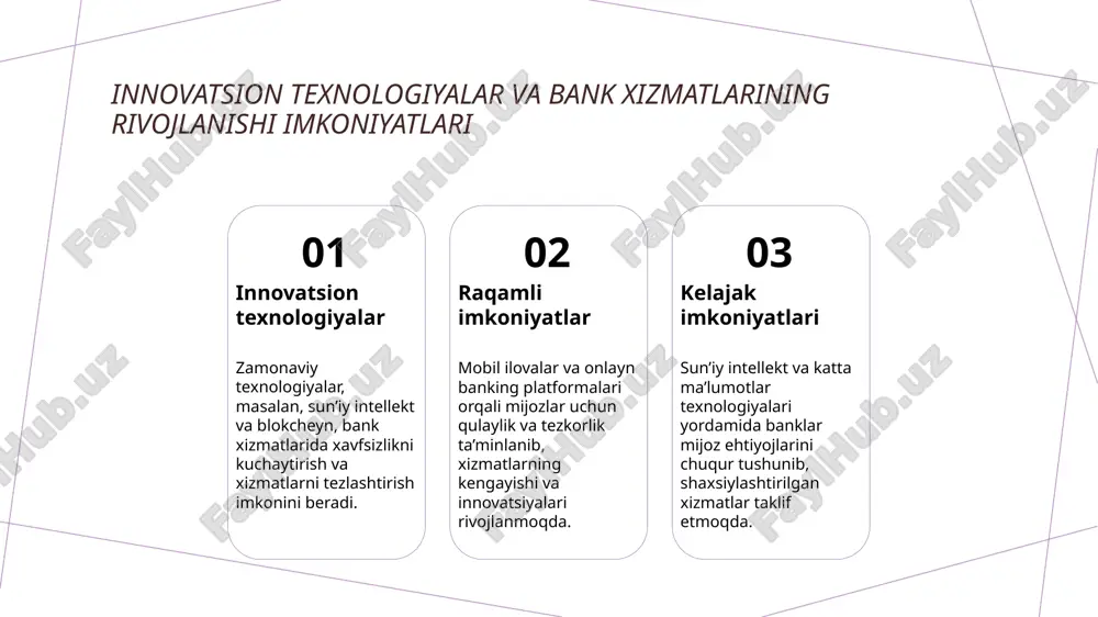 atsiyalar - sun’iy intellekt, big data va mobil ilovalar yordamida mijozlarning xulq-atvorini tahlil qilish, shaxsiy takliflar va qulay xizmatlar taqdim etish imkonini yaratadi. 3 mijoz bilan aloqa - effektiv kommunikatsiya va individual yondashuv orqali mijozlar bilan mustahkam munosabatlar o'rnatish, ularning ehtiyojlariga mos xizmatlarni taklif qilish muhimdir. fintech innovatsiyalarining bank xizmatlaridagi o'rni va rivojlanish imkoniyatlari 01 innovatsion texnologiyalar fintech innovatsiyalari bank xizmatlarida yangi imkoniyatlar yaratadi, mijozlarga qulay, tez va xavfsiz xizmatlar ko‘rsatishni ta’minlaydi. 02 mobil bank va to‘lov ilovalari mobil texnologiyalar yordamida bank operatsiyalari onlayn va mobil platformalarda amalga oshiriladi, bu esa mijozlarning ehtiyojlariga moslashishni ta’minlaydi. 03 blockchain va raqamli valyutalar blockchain texnologiyasi xavfsizlikni kuchaytiradi, raqamli valyutalar esa xalqaro tranzaksiyalarni soddalashtiradi va arzonlashtiradi. 04 fintech va moliyaviy inklyuziya fintech innovatsiyalari moliyaviy xizmatlarni kengroq qamrovda taqdim etib, qashshoq va uzoq hududlardagi aholiga moliyaviy imkoniyatlar yaratadi. moliyaviy inklyuziya orqali bank xizmatlarini kengaytirishning ijtimoiy va iqtisodiy ta'siri moliya inklyuziya moliya inklyuziya bank xizmatlariga kengroq …
