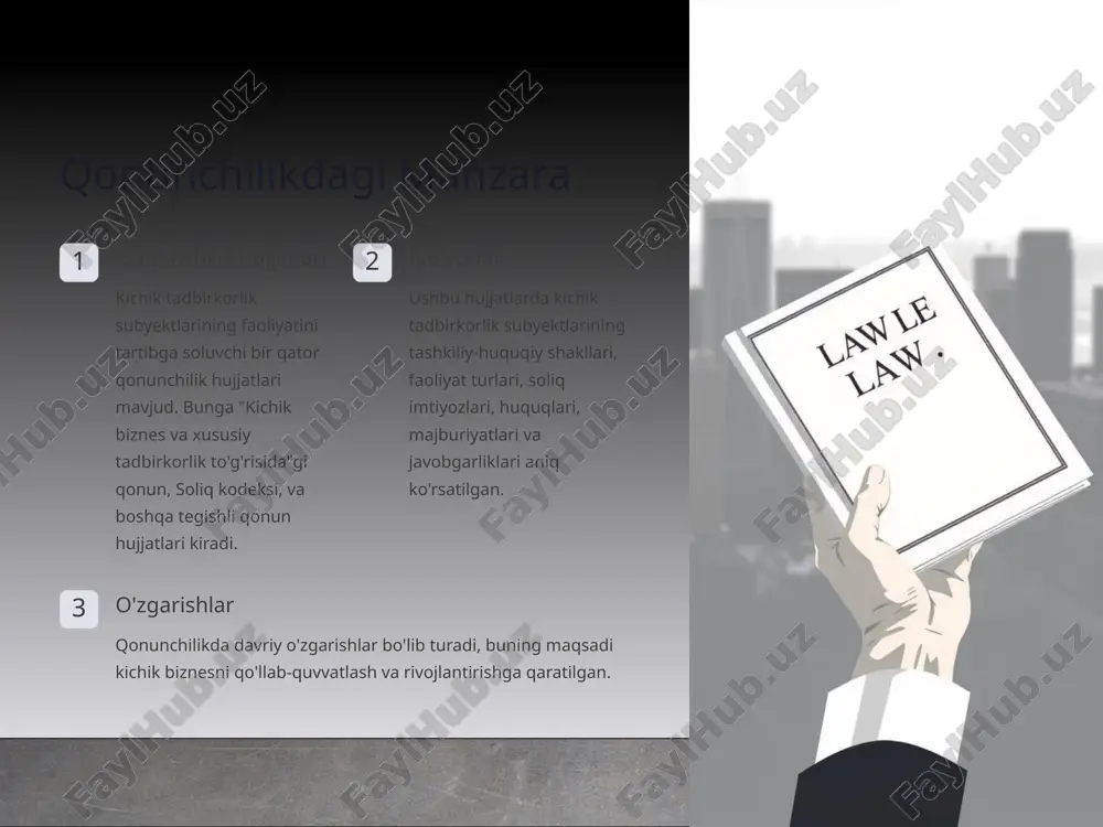 jarayon oson va sodda, va tezkur amalga oshiriladi. 7 huquqlar, majburiyatlar va javobgarliklar huquqlar kichik tadbirkorlik subyektlari o'z biznesini qonuniy ravishda yuritish, moliyaviy operatsiyalarni amalga oshirish va xodimlarni ishga qabul qilish huquqiga ega. majburiyatlar ular soliq to'lash, qonunchilikka rioya qilish va xavfsizlik standartlariga mos kelish majburiyatiga ega. javobgarlik tadbirkorlik subyektlari qonunchilikni buzganligi uchun javobgar bo'lishlari mumkin. bu soliq jazosi, jarima yoki hatto jinoiy javobgarlik shaklida bo'lishi mumkin. 8 imtiyozlar va qo'llab-quvvatlash chora-tadbirlari 1 soliq imtiyozlari kichik tadbirkorlik subyektlari soliq imtiyozlaridan foydalanishlari mumkin. bu ularning soliq yukini kamaytirishga va foyda ko'rishga yordam beradi. 2 grantlar va kreditlar kichik bizneslar davlat tomonidan grantlar va kreditlarni olish imkoniyatiga ega. bu ularning biznesini rivojlantirish va yangi loyihalarni amalga oshirishga yordam beradi. 3 o'quv dasturlari davlat tomonidan kichik tadbirkorlik subyektlari uchun tadbirkorlik ko'nikmalarini rivojlantirishga qaratilgan o'quv dasturlari tashkil etiladi. 9 xulosa ahamiyat kichik tadbirkorlik subyektlari mamlakat iqtisodiyoti rivojlanishida muhim rol o'ynaydi. qo'llab-quvvatlash davlat tomonidan kichik …