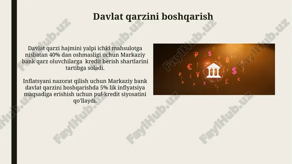 yatini anglatadi. markaziy bankning byudjetdan mustaqilligi, uning faoliyati uchun zarur boʻlgan mablagʻlarni oʻz daromadlari hisobidan taʼminlash imkoniyatini berib, siyosiy bosimni 30% ga kamaytiradi. inflyatsiyani nazorat qilish markaziy bankning inflyatsiyaga qarshi kurashida valyuta kursining barqarorligi ham muhim rol o'ynaydi, chunki import narxlari inflyatsiyaga ta'sir ko'rsatadi. inflyatsiyani nazorat qilish uchun pul massasining o'sish sur'ati yillik ijm o'sishidan oshmasligiga erishish muhim, bu taxminan 2-4% ni tashkil qilishi mumkin. rezervlarni boshqarish rezervlarni boshqarishda markaziy bank tijorat banklarining majburiy rezervlarini, miqdori 10-20% atrofida bo'lgan, boshqaradi va bu jarayon pul-kredit siyosatining muhim qismi hisoblanadi. rezervlarni boshqarish orqali markaziy bank inflyatsiyani nazorat qilish, kreditlashga ta'sir ko'rsatish va moliyaviy barqarorlikni ta'minlashga harakat qiladi, bunda har bir yil yakunidagi hisobot talab etiladi. e'tiboringiz uchun rahmat @taqdimot_robot image1.jpg image2.jpg image3.jpg image4.jpg image5.jpg image6.jpg image7.jpg image8.jpg image9.jpg image10.jpg image11.jpg image12.jpg