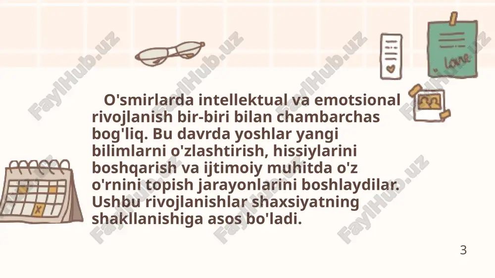 h — hissiy o'zgaruvchanlik o'smirlik davrida hissiy o'zgarishlar juda tez-tez ro'y beradi. o'smirlar turli hissiy holatlarni (xursandchilik, g'azab, qayg'u, xavotir) tez-tez boshdan kechiradilar. gormonlar va fiziologik o'zgarishlar bu hissiy o'zgarishlarni kuchaytiradi. boshqa tomondan, o'smirlarning yangi hissiy tajribalari ularning ijtimoiy munosabatlariga, masalan, do'stlar yoki oiladagi aloqalariga ta'sir qiladi. o'smirlar ko'pincha o'z hissiyotlarini to'g'ri ifodalashni o'rganishga ehtiyoj sezadilar. bu hissiy o'zgarishlar, shuningdek, o'z-o'zini anglash va kimligini aniqlash jarayonida muhimdir. 9 emotsional rivojlanish — o'zlikni anglash o'smirlar o'z kimligini aniqlash va shakllantirish jarayonida ko'plab ichki kurashlarga duch keladilar. james marcianing o'zlikni anglash nazariyasiga ko'ra, o'smirlar "kimman?" degan savolga javob izlashadi. ular o'ziga xos qadriyatlarni, ishonchlarni va hayot yo'lini aniqlashga harakat qilishadi. ijtimoiy tajribalar va o'z hissiy holatlari ularning kimlikni shakllantirishda katta rol o'ynaydi. o'zlikni anglash davrida o'smirlar o'zlarini ijtimoiy tizimda va jamiyatda qanday rolda ko'rishlarini o'rganadilar. 4 emotsional rivojlanish — ijtimoiy munosabatlar ijtimoiy munosabatlar o'smirlar uchun juda muhimdir. o'smirlar tengdoshlar bilan aloqalarni o'rnatishga …