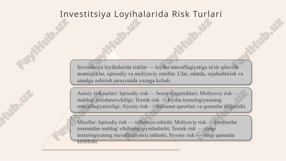 mida turli ssenariylarni sinab ko'rish va natijalarni oldindan taxmin qilish mumkin. ekspert baholari va tajribaga asoslangan qaror qabul qilish jarayoni ham noaniqlik tahlilining ajralmas qismidir. tajribali mutaxassislar tomonidan berilgan baholar aniq va ishonchli natijalarga olib keladi. ushbu asboblar birgalikda ishlatilganda noaniqliklarni yanada aniqroq tahlil qilish imkonini beradi, bu esa investitsiya loyihalaridagi risklarni kamaytiradi va muvaffaqiyat ehtimolini oshiradi. noaniqlik tahlilining amaliy misollari noaniqlik tahlili real investitsiya loyihalarida muhim ahamiyatga ega. uning yordamida loyihalarning muvaffaqiyatli bo'lishi ta'minlanadi. quyidagi jihatlar noaniqlik tahlilining amaliy misollarini keltiradi: - loyihalarning risklarini baholash va oldini olish. - kutilayotgan natijalarni aniqlash va tahlil qilish. - investitsiya qarorlarini qabul qilishda ishonchni oshirish. - resurslarni samarali taqsimlash imkoniyatini yaratish. noaniqlik tahlilining natijalari qaror qabul qilish jarayonida muhim rol o'ynaydi. uning ta'siri quyidagilardan iborat: - qarorlarni qabul qilishda aniqlikni oshiradi. - xatarlarni oldini olishga yordam beradi. - kelajakdagi loyihalar uchun strategiyalarni ishlab chiqishda foydalidir. kelajakda noaniqlik tahlilini rivojlantirish yo'nalishlari: - yangi …