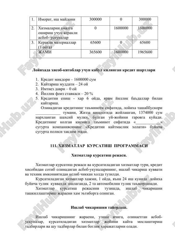ishlab chikarish kuvvati va texnik imkoniyatidan kelib chikkan xolda tuzildi. kursatiladigan xizmatlar xajmi, 1 oyda, ya'ni 24 ish kunida loyixa buyicha tulik kuvvatda ishlaganda, 2 ta avtomobilni tulik ta'mirlanadi. xizmatlar kursatish rejasini tuzishda, ishlab chikarishni tashkillashtirish jaraeni xam e'tiborga olingan. ishlab chikarishni tayerlash. ishlab chikarishning jaraeni, uzini ichiga, olinaetgan asbob-uskunalar, kursatiladigan xizmatlar joyini kayta moslashtirish tadbirlari va shu tadbirlar bilan boglik xarajatlarni oladi. ushbu xarajatlar loyixa tashabbuskori xisobidan koplanadi. xizmatlar kursatish jaraeni. yakka tartibdagi tadbirkor ____________, kredit mablaglari xisobidan olinadigan asbob-uskunalar bilan ta'mirlash xizmatlarini tashkillashtirishni rejalashtirgan. kredit olingandan sung, tadbirkor 30 kun mobaynida kerakli asbob-uskunalarni sotib olib, xizmat kursata boshlaydi. shu maksadda tadbirkor, asbob-uskunalarni kuyidagi etkazib beruvchilar bilan shartnomalar tuzgan: loyixada biznes-rejada, bir xaftada ish kuni, 6 kun xisobida kabul kilingan. 1 avtomobilni tulik ta'mirlash uchun ketadigan materiallar xarajatlari tablitsa 3.2 № ulchov birligi soni narxi (sum) summasi (sum) 1. kislorod ballon dona 1 3000 3000 2. karbid kg 15 …