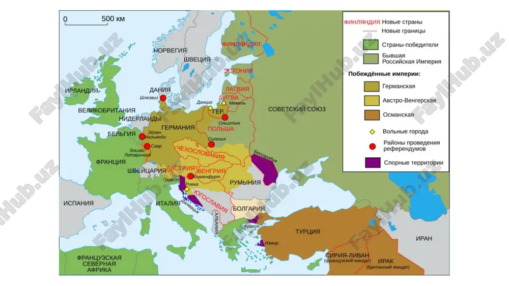 lar shartnomasi” (aqsh, buyuk britaniya, fransiya, italiya va yaponiya) imzolandi. bu xalqaro munosabatlar tarixida qurollanishni cheklovchi birinchi shartnoma edi. 1922-yil 6-fevral kuni uchinchi shartnoma – “toʻqqizlar shartnomasi” (aqsh, buyuk britaniya, yaponiya, fransiya, italiya, belgiya, gollandiya, portugaliya va xitoy) imzolandi. bu shartnoma xitoyga oid edi. shartnomaga koʻra, xitoyning suvereniteti va hududiy yaxlitligi kafolatlandi. 1919–1922-yillarda imzolangan shartnomalar va jahondagi kuchlarning yangi nisbati xalqaro munosabatlarning versal–vashington tizimi nomini oldi. versal–vashington tizimi bir guruh davlatlarning dunyoga hukmronligini oʻrnatdi, dunyo siyosatida aqsh ta’sirining sezilarli kuchayganligini aks ettirdi. shu tariqa gʻoliblar va magʻlublar oʻrtasidagi ziddiyatlar tizimi shakllanib, bu magʻlublarning oʻch olish, adolatli tartib oʻrnatish uchun intilishiga, yangi urushga olib keldi. natijalar … jahonda yangi tartiblar qaror topdi. millatlar ligasi tashkil etildi; italiya “g'oliblar ichida mag'lub davlat” bo'lib qoldi. bu italiyada benito mussolini boshchiligidagi fashistlarni hokimiyatga olib keldi (1922); mag'lub davlatlarda “revanshizm” kayfiyati avj oldi (germaniya, avstriya, vengriya va bolgariya); bu kayfiyat germaniyada adolf gitlerni hokimiyat tepasiga …