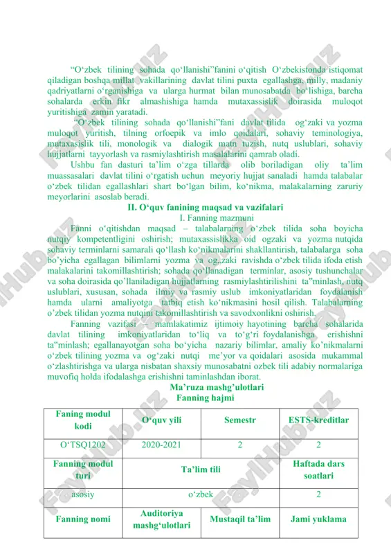 ika. orfografiya. 2 3 o‘zbek tilining leksik qatlamlari so‘z – leksikologiyaning o‘rganish obyekti sifatida. so‘zlardagi bir ma’nolilik va ko‘p ma’nolilik. ijtimoiy leksika. sohaviy leksika. 2 4 til va terminologiya. o‘zbek terminologiyasining taraqqiyot bosqichlari. tilning lug‘at tarkibi. o‘zbek leksikografiyasi. umumiy va maxsus lug‘atlar. akademik, ommabop va o‘quv lug‘atlari. sohaviy lug„atlarda terminlar. tezaurus haqida ma‟lumot. 2 5 terminlarning yasalishi. sohaviy terminlarning morfologik, sintaktik, semantik usul bilan yasalishi. 2 6 matn va uning turlari. mikro matn va makro matn. ilmiy va ilmiy-ommabor matnlar. ixtisoslikka oid ilmiy matnlarda sohaviy terminlar. 2 7 adabiy nutq va uning uslublari. ilmiy, badiiy, so‘zlashuv, rasmiy-idoraviy, publitsistik uslublar va ularning uslubiy xususiyatlari. 2 8 ilmiy uslub va uning uslubiy xususiyatlari. ilmiy uslub va sohaviy terminlar. 2 9 soha bo‘yicha belgilangan mavzu asosida ilmiy tadqiqot olib borish jarayonlari. maqola, tezis, taqriz, annotatsiya, rezyume matni talablari. 2 10 dastlabki ilmiy tadqiqot yozish. ilmiy tadqiqotning tarkibiy qismlari: kirish, asosiy qism, xulosa, adabiyotlar, …