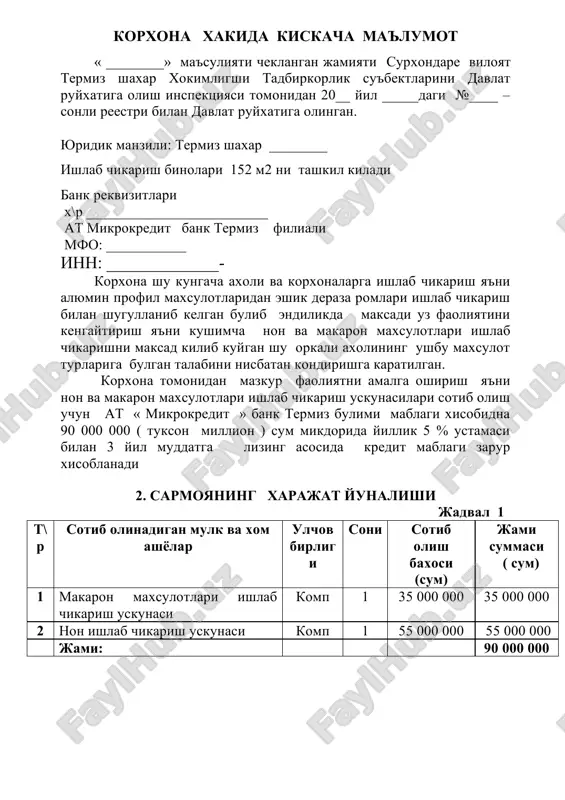 arxni aniklash tadbirkor tomonidan 100 kg makaron maxsulotlari ishlab chikarish uchun ketadigan xarajatlarni xisoblaymiz. 100 kg makaron maxsulotlari ishlab chikarish xarajatlari 1. 80 kg un maxsuloti x 1000 sum = 80 000 2. tuxum 40 dona x 250 sum = 10 000 3. tuz 3 kg x 300 = 900 jami : 90900 sum demak 100 kg makaron maxsulotlari ishlab chikarish uchun 90900 sumlik xom ashyo zarur xisoblanadi. korxonada bir kunda urtacha 8 soat ish vakti 1 oyda 24 kun ish kunidan iborat. tadbirkor tomonidan olingan makaron ishlab chikarish uskunasi soatiga 20 kg makaron maxsulotlari ishlab chikarish kuvvatiga egadir. demak 1 kunda 160 kg makaron maxsuloti ishlab chikariladi bundan kelib chikib , 1. non ishlab chikarish xarajati. 100 kg un x 1000 sum = 100 000 cum 2 kg tuz x 300 sum = 600 sum 500 gr achitki x 500 sum = 2500 sum jami: 103100 sum ushbu maxsulotlardan …