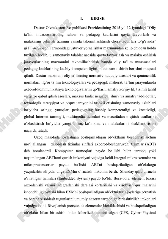 rga, o‘rnatilgandan tarmoqli o‘rnatilganga, tarmoqli o‘rnatilgandan kiberfiziktizimlariga.zamonaviy kiberfizik tizimlari juda yaqindan boshqariladigan ob’ektlari bilan integrallashtirilgan. bugun kompyuter texnologiyalari dunyoda jadallik bilan rivojlanayotgan sohalardan biriga aylanib, kompyuterlar asta-sekin insonlar hayotiga kirib bormoqda. ya’ni, faol ish yurituvchini internet global tarmog’isiz, intellektual ishchini esa ish joyida kompyutersiz tasavvur qilish qiyin. kompyuter texnologiyalari inson hayot tarzida, kichik va katta korxonalarda, kompaniyalarda, o’quv dargohlarida, davlat muassasalarida behad ahamiyat kasb etmoqda. hozirgi vaqtda har bir tashkilot qaysi soxada ish olib bormasin, dunyo bozoriga chiqish uchun o’z faoliyatida internetdan foydalanish zarurligiga katta etibor qaratmoqda. internetda axborotni joylashtirish uchun uning ekrandagi ko’rinishi qulay bo’lishiga e'tibor berish zarur. aql bilan yaratilgan sayt, qoida bo’yicha, informatsion yagona bus-butun bo’lishi va joylashtirilgan axborotning ahamiyatiga qarab, ma'lum standartga ega bo’lishi kerak. yuqorida keltirilganlardan web-saytni yaratish va uni loyihalash jarayonlarini o’rganib chiqish muammolarining kundalik zarurligi va dolzarbliligi kelib chiqmoqda. ushbu qo’llanma o’quvchilar uchun qulaylik yaratish maqsadida yaratilgan bo’lib, ular maktablar yoki o’quv markazlari …