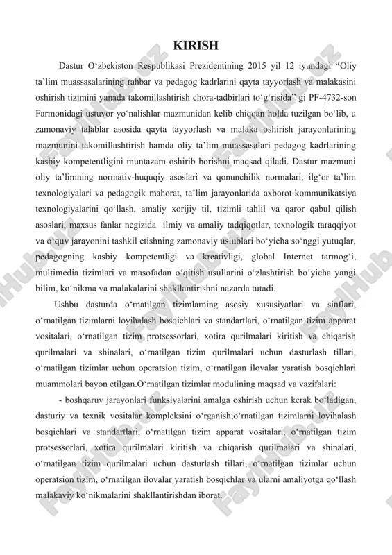 igan ob’ektlarga yaqinlashtirish yoki unga exmni o‘rnatish imkonini berdi. shunday qilib birinchi o‘rnatilgan tizimlari (embedded system) paydo bo‘ldi. bora-bora element bazasi arzonlanishi va uni integrallanishi darajasi ko‘tarilishi va xisoblash qurilmalarini ishonchliligi oshishi bilan exmni boshqariladigan ob’ektni turli joylariga o‘rnatish va barcha xisoblash tugunlarini umumiy nazorat tarmoqiga birlashtirilish imkonlari vujudga keldi. rivojlanish protsessida elementlar kichiklashishi va boshqariladigan ob’ektlar bilan birlashishi bilan kiberfizik nomini olgan (cps, cyber physical system) tizimlari paydo bo‘ldilar. boshqariladigan ob’ektlariga xisoblash tizimi kiritilish darajasiga ko‘ra quyidagi tizimlarni ajratish mumkin: · axborot-boshqaruvchi tizimlar (abt). · taqsimlanganaxborot-boshqaruvchi tizimlar (tabt). · o‘rnatilgan tizimlar (embedded system, es). · tarmoqli o‘rnatilgan tizimlar (networked embedded system, nes). · kiber fizik tizimlari (cyber physical system, cps). texnika rivojlanishiga ko‘ra boshqaruvchi kompyuter tizimlarini sinflarini belgilash evolyutsiyasi amalga oshrilildi: axborot-boshqaruvchidan o‘rnatilgan tizimlarga, o‘rnatilgandan tarmoqli o‘rnatilganga, tarmoqli o‘rnatilgandan kiberfiziktizimlariga.zamonaviy kiberfizik tizimlari juda yaqindan boshqariladigan ob’ektlari bilan integrallashtirilgan. i. nazariy qism. 1.1 web dasturlash haqida tushuncha web dasturlash, veb-saytlar …