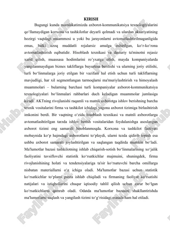 igan dasturlar majmuasidan tashkil topadi. bunday tizimlar quyidagi kamchiliklarna ega: - ma'lumotlarning takrorlanishi; - fayllarni yuritish murakkabligi; - fayllarning birgalikda ishlashi qiyinligi; - dasturlarning ma'lumotlarga bog`liqligi va boshqalar. ikkinchi yo`nalish - ma'lumotlar bazasini hosil qilish. ma'lumotlar bazasi asosida hosil qilingan at foydalanuvchilar majmuasiga xizmat ko`rsatadi va yuqorida ko`rsatilgan tizimlar juda keng tarqalmoqda. aatning faoliyati axborotlarni to`plash va qayta ishlash bilan bog`liq. tizimga kiritilayotgan va foydalanuvchiga berilayotgan axborotlar hujjatlar ko`rinishda shakllanadi. shu sababali ham hujjat moddiy ob'ekt hisoblanadi va ma'lum bir tartib asosida rasmiylashtirilgan axborotlar to`plamidan iborat bo`ladi. aatda axborot manbai sifatida odamlar va texnik vositalar hisoblansa, iste'molchi sifatida turli foydalanuvchilarni uch guruhga ajratish mumkin: tizimning ma'muriyati, dasturchilar va oxirgi iste'molchilar. foydalanuvchilarning aat ga murojaati talab asosida amalga oshiriladi. talab-mavsumlashtirilgan xabar bo`lib, unda tegishli ma'lumotlarni qidirish shartlari va ular ustidan bajarilishi lozim bo`lgan vazifalar ko`rsatiladi. talablarni qabul qilish va kiritish, ko`rsatilgan amallarni bajarish, tegishli ma'lumotlarni tayyorlash va hujjat ko`rinishda foydalanuvchiga taqdim …