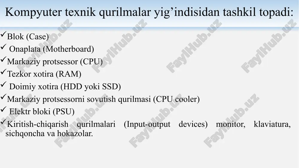 ordamida ma’lumotlarni qayta ishlash. elektron hisoblash mashinalari (1940-yillar) – birinchi elektron kompyuterlar (eniac, edvac) paydo bo‘ldi. ular elektron lampalar va keyinroq tranzistorlar asosida ishlagan. shaxsiy kompyuterlar (1970-1980-yillar) – mikroprotsessorlar paydo bo‘lishi bilan shaxsiy kompyuterlar keng tarqaldi (ibm pc, apple macintosh). zamonaviy hisoblash tizimlari (1990-yillardan hozirgi kungacha) – kuchli protsessorlar, yuqori tezlikdagi tarmoqlar, bulutli texnologiyalar va sun’iy intellektning rivojlanishi. operatsion tizimlarning tarixi 1940-1950-yillar: otning dastlabki shakllari – dastlabki kompyuterlar operatsion tizimsiz ishlagan, dasturlar to‘g‘ridan-to‘g‘ri apparatga yozilgan. 1950-1960-yillar: batch processing (partiyaviy ishlov berish) – birinchi operatsion tizimlar paydo bo‘ldi, ular bir vaqtning o‘zida bir nechta dasturni ishlatish imkonini berdi. 1960-1970-yillar: ko‘p vazifali va vaqtni taqsimlash tizimlari – unix, multics kabi operatsion tizimlar paydo bo‘ldi, ular bir vaqtning o‘zida bir nechta foydalanuvchilarga xizmat ko‘rsatish imkonini berdi. 1980-yillar: shaxsiy kompyuterlar uchun otlar – ms-dos, windows, mac os kabi operatsion tizimlar shaxsiy kompyuterlar uchun ishlab chiqildi. 1990-yillardan hozirgi kungacha: zamonaviy otlar – linux, windows nt/xp/7/8/10, …