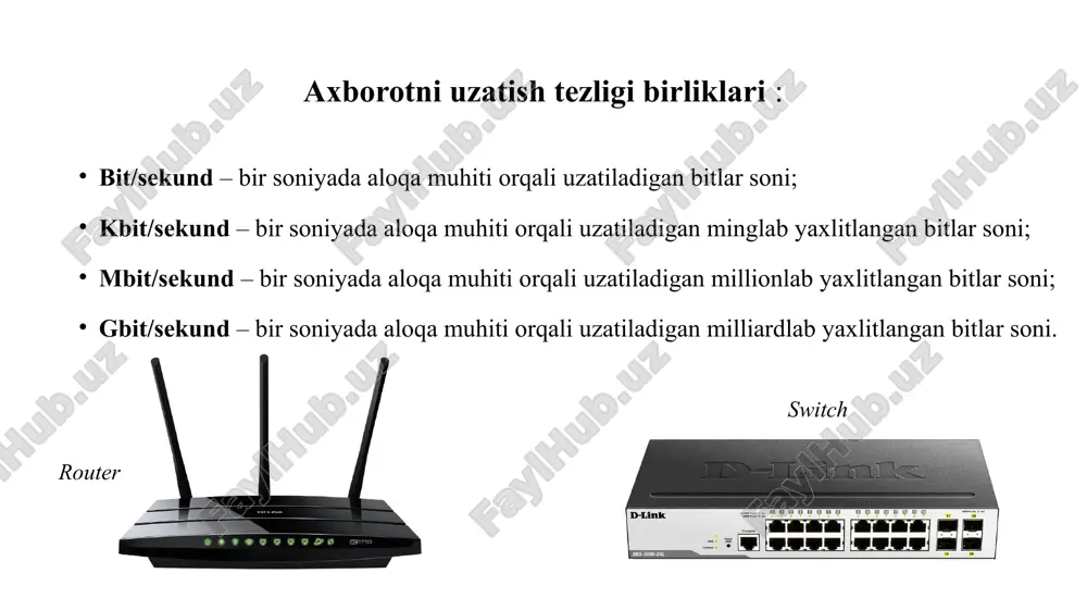 - ma’lumot saytlar), org (organization - tashkilot saytlari), gov (government - hukumat saytlari) domenlari ham tez kengayib bormoqda. uz - uzbekiston ru - rossiya us - aqsh fr - fransiya hosting ("web-hosting") - internet hosting xizmatining bir turi bo'lib, jismoniy va yuridik shaxslarga o'zlarining web-sahifalarini internetga uzluksiz ulangan web-serverlarga joylashtirish xizmatini nazarda tutadi. saytni internetga joylashtirish uchun birinchi navbatda unga joy kerak. veb-sahifalarni internet provayderi serverida joylashtirish va qo'llab-quvvatlash hosting deb ataladi. internet provayderi internet provayderi – bu internet xizmatini taqdim etuvchi firma yoki tashkilot. internetda ishlash sifati va qulayligi provayderga bog’liq. provayderni tanlashda quyidagi qiyinchilar mavjud: 1. internet xizmati to’plami va ularning narxi; 2. provayder bilan aloqaning sifati; 3. internetning boshqa provayderlari bilan o’tkazuvchanlik qobiliyati; 4. ma’lumotlarni uzatishda bog’lanish tezligi; 5. texnik yordam va maslahat xizmatining mavjudligi yoki mavjud emasligi. internet internet – dunyo bo'ylab joylashgan va yagona tarmoqqa birlashtirilgan minglab kompyuter tarmoqlarining majmuidir. 12 internet service provider internet-provayder …