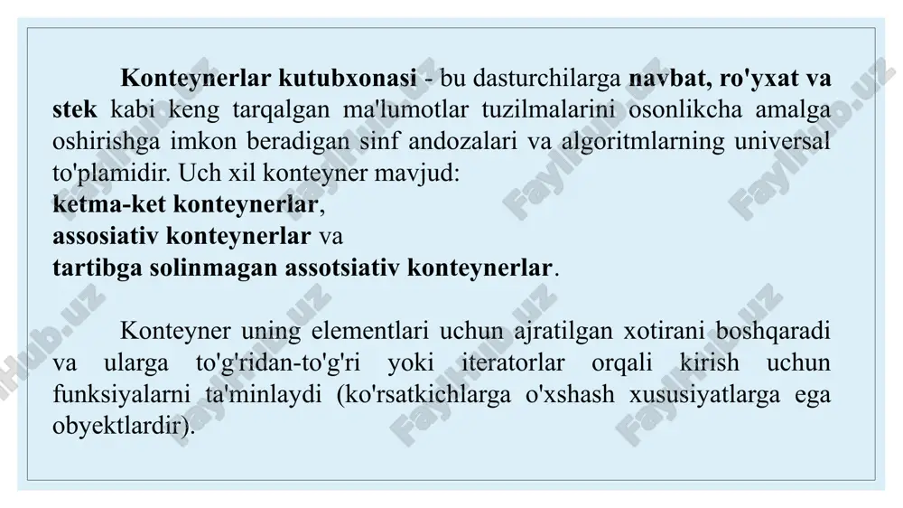 h. ushbu metod ro‘yxatdagi birinchi uchragan x elementini o‘chiradi. agar bunday element ro‘yxatda mavjud bo‘lmasa valueerror istisno holati ro‘y beradi. array.reverse() - massiv elementlarini teskari tartibda joylashtirish uchun qo‘llaniladi . bundan tashqari, python massiv bilan ishlashda qo‘llaniladigan bir nechta standart funksiyalarni ham o‘z ichiga qamrab olgan: array.tolist() -massivni ro‘yxatga aylantirish uchun qo‘llaniladi. thank you for your attention. be healthy image3.jpeg image4.png image5.png image6.png image7.png image8.png image9.png image10.png image11.png image12.png image13.png image14.png /docprops/thumbnail.jpeg