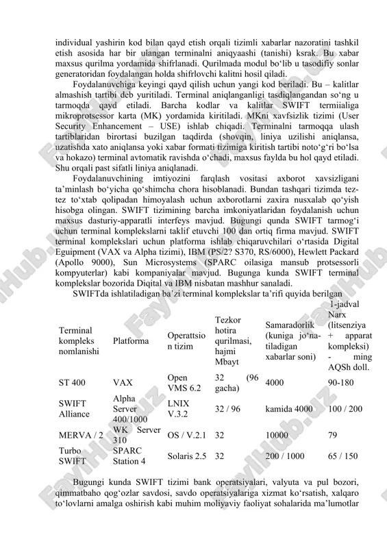 tish haqidagi hotirani saqlaydi, tizimli xabarlarni ishlab chiqadi, tizimga asoslangan arxivni olib boradi va ularning elektron nusxasini maxsus ma’lumotlar bazasida saqlanishini boshqaradi; 3. tizimni boshqarish protsessori, faqat barcha tizimni boshqarish va nazorat qilish vazifasini bajaradi. tizimda asosiy kompleksda barcha operatsiyalarni takrorlash uchun zaxira protsessori mo‘ljallangan. swift ma’lumotlarni yuqori darajada himoyalashni ta’minlaydi. swiftning asosiy talabi - terminallarni ulash tartibidir. tizim har bir foydalanuvchi uchun individual yashirin kod bilan qayd etish orqali tizimli xabarlar nazoratini tashkil etish asosida har bir ulangan terminalni aniqyaashi (tanishi) ksrak. bu xabar maxsus qurilma yordamida shifrlanadi. qurilmada modul bo‘lib u tasodifiy sonlar generatoridan foydalangan holda shifrlovchi kalitni hosil qiladi. foydalanuvchiga keyingi qayd qilish uchun yangi kod beriladi. bu – kalitlar almashish tartibi deb yuritiladi. terminal aniqlanganligi tasdiqlangandan so‘ng u tarmoqda qayd etiladi. barcha kodlar va kalitlar swift termiialiga mikroprotsessor karta (mk) yordamida kiritiladi. mkni xavfsizlik tizimi (user security enhancement – use) ishlab chiqadi. terminalni tarmoqqa ulash tartiblaridan …