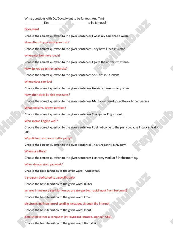 ork? choose the best definition to the given word. application a program dedicated to a specific task\ choose the best definition to the given word. buffer an area in memory used for temporary storage [eg: rapid input from keyboard] choose the best definition to the given word. email electronic mail; system of sending messages through the internet choose the best definition to the given word. input data entered into a computer (by keyboard, camera, scanner, usb) choose the best definition to the given word. hard disk fixed, magnetic disc inside a pc for (permanent) storing of data choose the best definition to the given word. hardware the mechanical and electronic parts of a computer, not the software choose the best definition to the given word. keyboard the alphanumeric keys or buttons used to input data choose the best definition to the given word. bit binary digit, the basic binary unit …