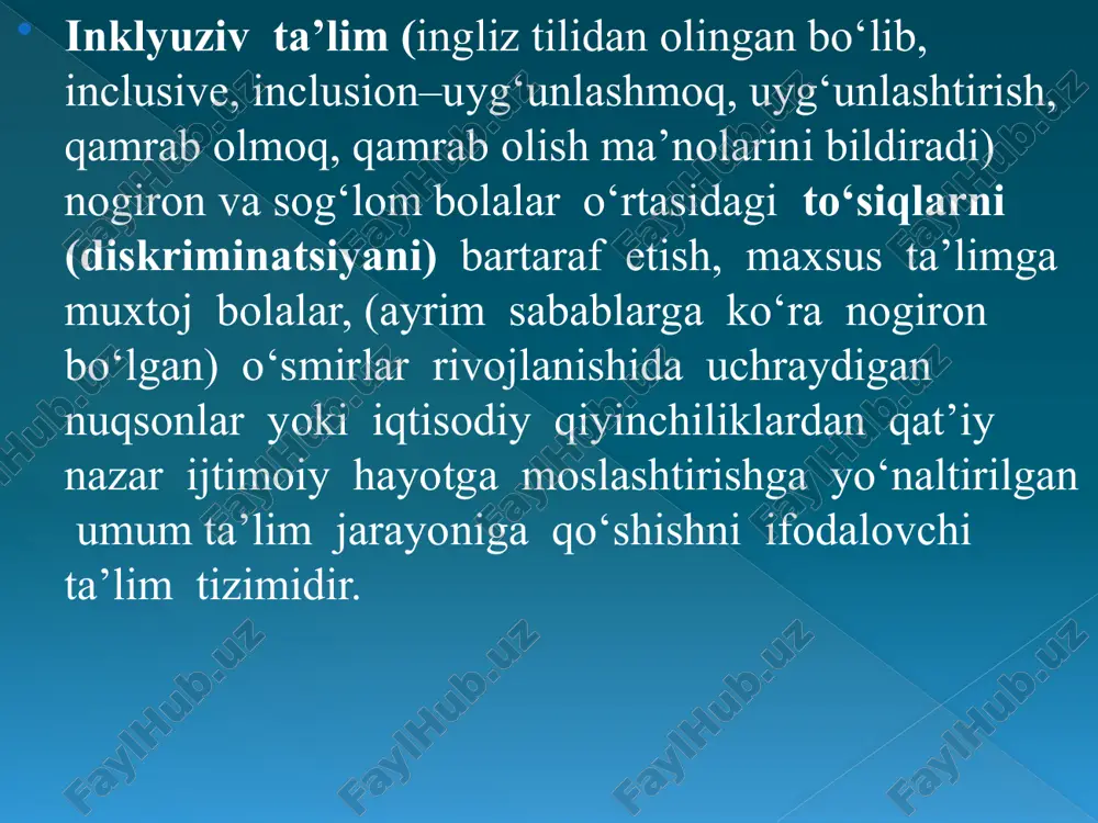 dimlar inklyuziv ta’lim xizmatlariga o‘qitildi; pedagog xodimlarni qayta tayyorlash va malakasini oshirish bo‘yicha ta’lim muassasalarining o‘quv rejalariga ta’lim tizimiga inklyuziv amaliyotni tatbiq etishga doir 3 ta o‘qitish moduli kiritildi; 2 ming nafardan ortiq alohida ta’lim ehtiyojlari bo‘lgan bolalar va ularning ota-onalariga inklyuziv ta’lim xizmatlari tashkil etildi; toshkent, samarqand, namangan, xorazm va surxondaryo viloyatlarida 5 ta tajriba-resurs markazi hamda 15 ta tajriba maktablari tashkil etilib, ularga 800 nafardan ortiq bolalar qamrab olindi. inklyuziv ta’lim tizimini joriy qilish bo‘yicha qator normativ-huquqiy hujjatlar qabul qilindi. mazkur hujjatlarda jamiyatimizning bir bo‘lagi bo‘lgan maxsus yordamga muhtoj bolalarni ijtimoiy qo‘llab-quvvatlash, ularga ta’lim-tarbiya berish, ularning sog‘lom bolalar qatoridan o‘rin olib o‘z qobiliyati, imkoniyatlarini ko‘rsata olishiga, ma’naviy kamol topishiga qaratilgan chora-tadbirlar belgilab berilgan. inklyuziv ta’limga kiritishning asosiy tamoyillari ta’lim tizimini joriy etish har doim ma’lum bir qonun qoidalarga, tamoyillarga asoslanishni talab etadi. inklyuziv ta’lim tizimini joriy qilishda esa quyidagi tamoyillarga asoslaniladi: inklyuziv ta’limning e’tirof etilishi tamoyili bu tamoyilning …
