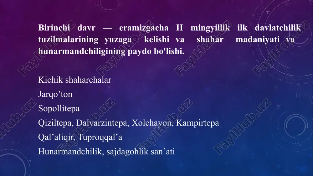 mandchilik shaharlari infratuzilmasining jadal takomillashishi, shaharsozlik va me’morchilik faoliyati kuchayib, mahalliy san’at va hunarmandchilik maktablari shakllanishi bilan xarakterlanadi. oltinchi davr xiv–xvi asr boshi amir temur va temuriylar davri madaniyati va san’ati. amir temur va vorislari saltanati yuzaga kelishi va rivojlanishi jahon madaniy taraqqiyotida favqulodda madaniy-tarixiy voqelik hisoblanadi. temuriylar saltanati doirasidagi davlat tuzilmalari hozirgi o‘zbekiston hududlari doirasidan uzoq-uzoqlarga chiqib ketadi. amir temur va temuriylar davrida madaniyat va san’at o'zining eng yuqori cho‘qqisiga chiqadi va haqli ravishda temuriylar renessansi deb ataladi. aynan shu vaqtda san’at kuchli davlat tomonidan homiylikning yorqin timsoli va bir vaqtning o‘zida qudratli saltanat falsafasining ifodachisi sifatida maydonga chiqadi. «imoratlarimizga qarangda, qudratimizga tan bering». temuriylar sulolasi vakillari islom aqidalariga qattiq e’tiqod qo'ygan bo‘lsa-da, san’atdagi dunyoviylik o‘zining ancha yaqqol ifodasini topgan. yettinchi davr - xvii - xix asr boshi. o‘zbek xonliklari madaniyati va san’ati. o’zbekiston madaniyati va san’ati tarixida bu davr barqaror bo'lgan, ammo biron muhim va yorqin yutuq ham …