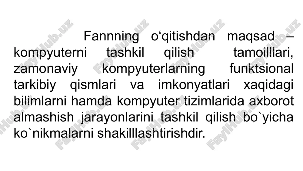 ilgan kompyuterlar. 3.kompyuterlarni tashkil etilishi tamoillari va klassifikatsiyasi zamonaviy kompyuterlarning tuzilishi va ishlash tamoyillarini bir nechta asosiy tezislar ko’rinishida shakllantirish mumkin. ular birinchi marta 1945 yilda jon fon neyman tomonidan "kompyuter dasturlarini boshqarish tamoyillari" nomi ostida shakllantirilgan: 1. kompyuterda qayta ishlanadigan axborot ikkilik shaklda kodlanadi va axborot birliklari - so`zlarga bo`linadi. so`z ikkilik elementlar to`plamidir, bu erda =8, 16, 32, 64, . 2. so`zini qayta ishlashdan oldin dastlabki ma’lumotlar kompyuterning xotira yacheykalariga joylashtiriladi. xotira yacheykasi - bu bir so`z ma’lumot saqlanadigan joy. xotira yacheykalari tartibli raqamlangan. xotira yachekasining tartib raqami manzil deb ataladi. 3. axborotni qayta ishlash algoritmi boshqaruv so`zlari ketma-ketligi – ya’ni, buyruqlar sifatida ifodalanadi. har bir buyruq kompyuter qurilmasi bajariladigan amal turini belgilaydi, ya’ni, qurilmaga nima qilish kerakligini aytadi. bundan tashqari, buyruq, agar kerak bo`lsa, yacheyka tartib raqamini ko`rsatish orqali mashina xotirasidagi operandlarning joylashishini ko`rsatadi, ya’ni, qurilmaga qayta ishlov berish uchun ma’lumotlarni qayerdan olish kerakligini bildiradi. buyruqlar shaklida …