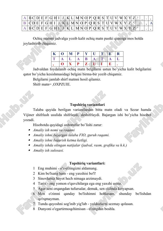 grafika va h.k.) · amaliy ish xulosasi. topshiriq variantlari: 1 eng muhimi - o'z-o'zingizni aldamang. 2 kim bo'lsang ham - eng yaxshisi bo'l! 3 sinovlarsiz hayot hech nimaga arzimaydi. 4 tarix - eng yomon o'quvchilarga ega eng yaxshi ustoz. 5 agar seni orqangdan tufursalar, demak, sen oldinda ketyapsan. 6 men o'zimni qanday bo'lishimni hohlasam, shunday bo'lishdan qo'rqmayman. 7 tunda quyoshni sog'inib yig'lab - yulduzlarni sezmay qolasan. 8 dunyoni o'zgartirmoqchimisan - o'zingdan boshla. 9 kamchiliksiz insonlarning ustunliklari ham juda kam bo'ladi. 10 eng qiyini - o'z ishini anglab yetish, eng osoni - o'zgalarga nasihat aytish. 11 aqlli inson uchun pul bu vosita, nodonlar uchun maqsad. 12 agar birdan-bir maqsadingiz boyish bo'lsa, siz unga yetolmaysiz. 13 pul baxtni kafolatlab berolmaydi, ammo moddiy erkinlik beradi. 14 eng yomoni - hech bir inson bilan boshqa do'stlasholmasligingni his qilishing. 15 maqsadga yetish uchun avval unga intilish kerak. 16 barchamiz umidga muhtojmiz. usiz yashashga kuchimiz yetmaydi. …
