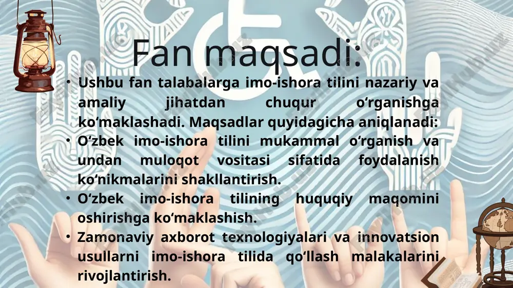 ’lim tizimida imo-ishora tiliga oid maxsus dasturlarni ishlab chiqish. huquqiy normalarga mos keluvchi imo-ishora lug‘atlarini joriy etish. shaxsiylashtirilgan yondashuv tamoyili mazmuni: har bir o‘rganuvchining ehtiyojlari va imkoniyatlariga mos yondashuvni qo‘llash. amaliyoti: talabalar bilan individual mashg‘ulotlar tashkil qilish. o‘rganuvchining bilim darajasi va qobiliyatlariga mos ravishda o‘quv rejalashtirish. nogironligi bo‘lgan shaxslarning ijtimoiy ehtiyojlarini hisobga olish. tizimlilik tamoyili mazmuni: imo-ishora tilini o‘rgatish jarayonida barcha tilshunoslik va pedagogik aspektlarni kompleks holda qamrab olish. amaliyoti: fan bo‘yicha nazariy bilimlarni amaliy mashg‘ulotlar bilan uyg‘unlashtirish. imo-ishora tilining fonetikasi, leksikologiyasi, grammatika va punktuatsiyasini o‘zaro bog‘liq holda o‘rganish. muloqot madaniyati va kommunikativ malakalarni rivojlantirish. thank you image1.png image2.png image3.png image4.png image5.png image6.png image7.png image8.jpeg image9.png /docprops/thumbnail.jpeg