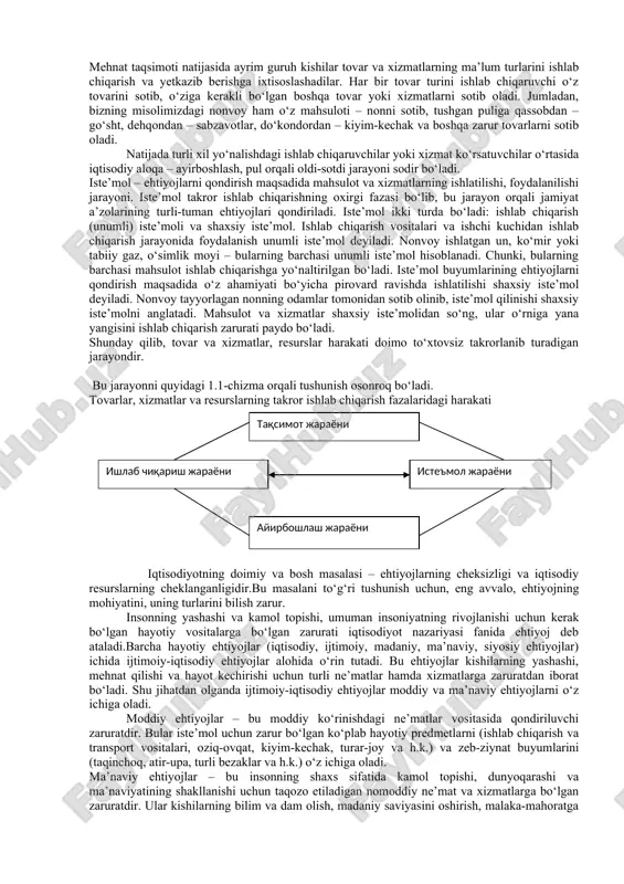 elmoqda. yaqin yuz yil ichida ishlab chiqarishni energoresurslar: neft, gaz, ko‘mir bilan ta’minlash muammosi ham alohida muammo bo‘lib qolishi ehtimoldan holi emas. ushbu cheklangan iqtisodiy resurslardan oqilona foydalanib, aholining to‘xtovsiz o‘sib boruvchi ehtiyojlarini qondirish maqsadiga erishish, resurslar va mahsulotlarni to‘g‘ri taqsimlash yo‘llarini topish iqtisodiyotning asosiy mazmunini tashkil etadi. iqtisodiyot qamrov darajasiga qarab turlicha bo‘lishi mumkin: jahon iqtisodiyoti, milliy iqtisodiyot, tarmoq iqtisodiyoti, mintaqa va hudud iqtisodiyoti, korxona yoki firma iqtisodiyoti, oila iqtisodiyoti. ba’zan ularni yaxlitlashtirib, makroiqtisodiyot va mikroiqtisodiyot deb ataladi. iqtisodiyotning bu turlari, darajalari, shakllari qanday bo‘lishidan qat’iy nazar ularning hammasi bir maqsadga bo‘ysungan: u ham bo‘lsa insoniyatning yashashi, ko‘payishi va kamol topishi uchun shart-sharoit yaratib berish, turli xil hayotiy vositalarni yaratib, ularning ehtiyojlarini qondirib borishdan iboratdir. shunday ekan, iqtisodiyot inson hayotining asosini, uning poydevorini tashkil etib, uning o‘zi ham insonsiz, uning faoliyatisiz mavjud bo‘lmaydi va mazmunga ham ega emas. inson tomonidan yaratilgan tovarlar va xizmatlarning, resurslarning harakati bo‘yicha takror ishlab …