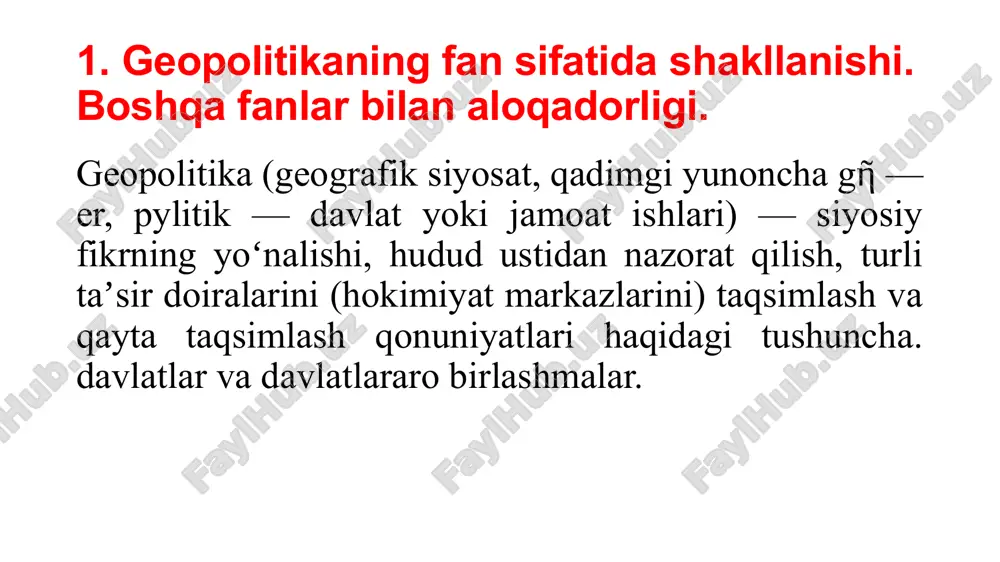 taga tashlagan. gap shundaki, afina bilan sparta o‘rtasida uzoq davom etgan urush elladaga hukmron bo‘lish uchun raqobat xarakteriga ega bo‘lgan. fukidid bu mintaqaning geostrategik tarixi, geografiyasi va demografiyasining bir butun manzarasini chizishga harakat qilgan. uning asarlarida ijtimoiy tuzilma va davlat boshqaruvi, demokratiya va oligarxiya, mashg‘ulotlarning turli turlari va hokazolarni realistik tahlil etish asosida tarixda birinchi marta pragmatik yondashuv namunasi namoyish etildi. qadimgi yunon faylasufi platon (m.o. 428-348 yillar) va aristotel (m.o. 384-322 yillar) asarlarida ham geosiyosiy g‘oyalar o‘z aksini topgan. har ikkala muallif insoniyat taraqqiyotida tabiiy omillarning rolini, insoniyat jamiyatiga tabiat, iqlim va geografik muhitning ta’sirini geografik determinizm pozitsiyasidan tushuntirib bergan. aristotel xalqlarning geografik joylashuvi ularning intellektual va axloqiy xususiyatlariga jiddiy ta’sir o‘tkazadi, deb hisoblagan. u sovuq iqlimli mamlakatlar, xususan yevropada yashaydigan qabilalar jasoratli, lekin hunar o‘rganishga kelganda ularning aql-idrok va qobiliyati yo‘q, shuning uchun ular o‘z ozodligini uzoq saqlab qola oladilar, ammo davlat hayotiga noqobil bo‘lib, o‘z qo‘shnilari ustidan …
