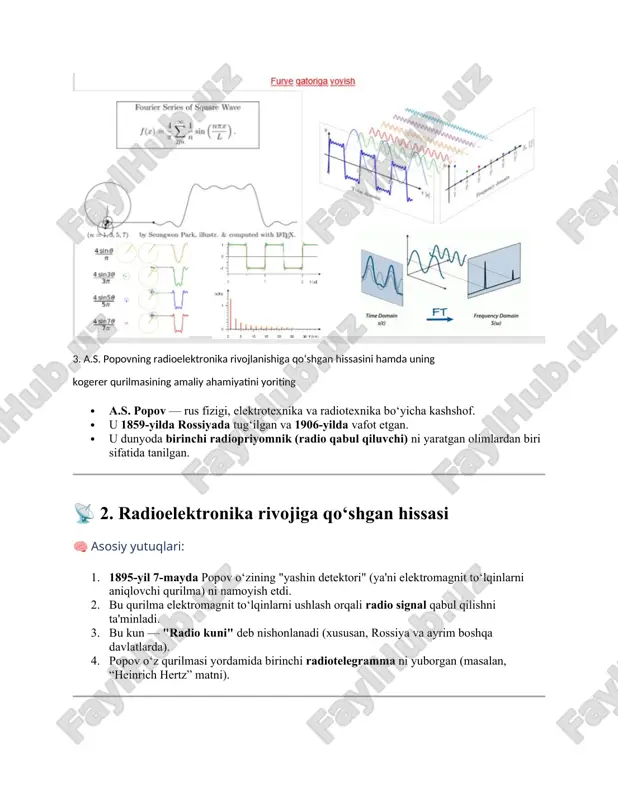 siyada 𝐴𝑐 = 4𝑉, 𝑓𝑐 = 5200 𝑘𝐻𝑧 va 𝐴𝑚 = 3𝑉, 𝐴𝑚 = 1500 𝑘𝐻𝑧 bo‘lsa, bunday turdagi modulyator fik toping 5. am modulyatsiyada modulyatsiya indeksi paremetrini hisoblashning barcha usullarini keltiring. modulyatsiya indeksi uchun belgi: m yoki μ deb belgilanadi. 📘 1. modulyatsiya indeksini hisoblashning asosiy usullari: ✅ 1-usul: amplitudalar orqali (asosiy ta’rif) bu eng oddiy va eng keng qo‘llaniladigan usul. · aₘ — modulyatsiyalovchi signal (axborot) amplitudasi · a𝑐 — tashuvchi signal (carrier) amplitudasi ℹ️ bu usulda m ≤ 1 bo‘lishi kerak (aks holda overmodulyatsiya yuz beradi). ✅ 2-usul: signal diagrammasi (osillogramma) orqali osilloskopda signal chizig‘i bo‘yicha yuqori va pastki tepaliklar yordamida hisoblanadi. · · vₘₐₓ — am signalning eng katta amplitudasi · vₘᵢₙ — eng kichik amplitudasi bu usul, ayniqsa, amaliy laboratoriya ishlarida foydalidir. ✅ 3-usul: quvvatlar orqali hisoblash quvvatlar yordamida modulyatsiya indeksini aniqlash: · pₜ — umumiy signal quvvati (tashuvchi + yon chastotalar) · p𝑐 — …