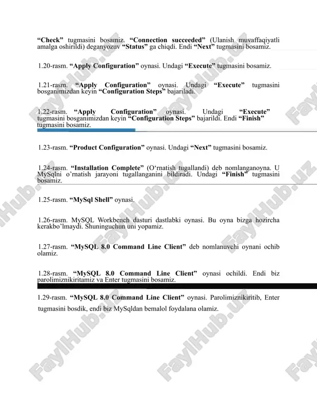 dastlabki oynasi. bu oyna bizga hozircha kerakbo’lmaydi. shuninguchun uni yopamiz. 1.27-rasm. “mysql 8.0 command line client” deb nomlanuvchi oynani ochib olamiz. 1.28-rasm. “mysql 8.0 command line client” oynasi ochildi. endi biz parolimiznikiritamiz va enter tugmasini bosamiz. 1.29-rasm. “mysql 8.0 command line client” oynasi. parolimiznikiritib, enter tugmasini bosdik, endi biz mysqldan bemalol foydalana olamiz. image0.wmf image5.wmf image6.wmf image7.wmf image8.wmf image9.wmf image10.wmf image11.wmf image12.wmf image13.wmf image14.wmf image1.wmf image15.wmf image16.wmf image17.wmf image18.wmf image19.wmf image20.wmf image21.wmf image22.wmf image23.wmf image24.wmf image2.wmf image25.wmf image26.wmf image27.wmf image28.wmf image29.wmf image30.wmf image3.wmf image4.wmf