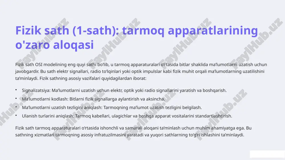 orqali aniqlash va paketlarni to‘g‘ri manzilga yo‘naltirish. marshrutizatsiya: paketlarni eng yaxshi yo‘nalish bo‘yicha yo‘naltirish va marshrutlash jadvallarini yaratish. paketlarni fragmentatsiya qilish: kattaroq paketlarni kichikroq qismlarga bo‘lish va ularni to‘g‘ri manzilga yetkazish. xatolarni boshqarish: ma’lumotlar uzatish jarayonida yuzaga kelgan xatolarni aniqlash va xabar berish. tarmoq sathi turli tarmoqlar o‘rtasida aloqani ta’minlash uchun muhim ahamiyatga ega. bu sathning xizmatlari internetning ishlashini ta’minlaydi va global miqyosda ma’lumotlarni uzatish imkonini beradi. marshrutizatorlar (routers) tarmoq sathida ishlaydi va paketlarni to'g'ri manzilga yo'naltirish uchun muhim rol o'ynaydi. 5 transport sathi (4-sath): ulanish va ma'lumotlar oqimini boshqarish transport sathi ilovalar o‘rtasida ishonchli va tartibli ma’lumot uzatilishini ta’minlaydi. bu sath tcp (transmission control protocol) va udp (user datagram protocol) kabi protokollarni ishlatadi. transport sathining asosiy vazifalari quyidagilardan iborat: ulanishni o‘rnatish: ilovalar o‘rtasida ulanishni o‘rnatish va boshqarish. ma’lumotlarni segmentatsiya qilish: kattaroq ma’lumotlarni kichikroq segmentlarga bo‘lish va ularni to‘g‘ri manzilga yetkazish. oqimni boshqarish: ma’lumotlar oqimini boshqarish va tarmoqning haddan tashqari …