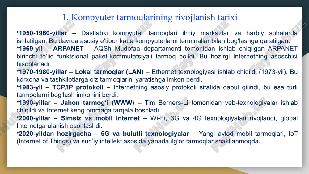 at ko‘rsatadigan maxsus kompyuterlar (fayl server, veb-server, pochta serveri va boshqalar). marshrutizator (router) – tarmoqlar o‘rtasida ma’lumot almashinuvini ta’minlaydi, internetga ulanish imkonini beradi. kommutator (switch) – tarmoq ichida qurilmalar o‘rtasida ma’lumot almashinuvi samarali bo‘lishini ta’minlaydi. modem – internet provayder bilan aloqa o‘rnatish uchun ishlatiladi. 3. kompyuter tarmog‘i tushunchasi, kompyuter tarmog‘ining tarkibi. 2. aloqa vositalari (tarmoq muhitlari) simli tarmoq – ma’lumot uzatish uchun mis kabel (ethernet), optik tolali kabel yoki koaksial kabel ishlatiladi. simsiz tarmoq (wi-fi, bluetooth, 4g/5g) – radio to‘lqinlari yordamida qurilmalar o‘rtasida ulanishni ta’minlaydi. 3. dasturiy ta’minot tarmoq operatsion tizimlari (windows server, linux, macos server) – tarmoq boshqaruvi uchun ishlatiladi. tarmoq protokollari (tcp/ip, http, ftp, dns, dhcp) – qurilmalar o‘rtasida ma’lumot almashinuvini boshqaradi. xavfsizlik dasturlari (firewall, antivirus, vpn) – tarmoq xavfsizligini ta’minlaydi. 4. kompyuter tarmoqlarining asosiy qurilmalari 1. server (server) maxsus kompyuter bo‘lib, tarmoq foydalanuvchilariga ma’lumot, dasturlar va xizmatlar taqdim etadi. turlari: fayl server – foydalanuvchilarga fayllarni saqlash va …