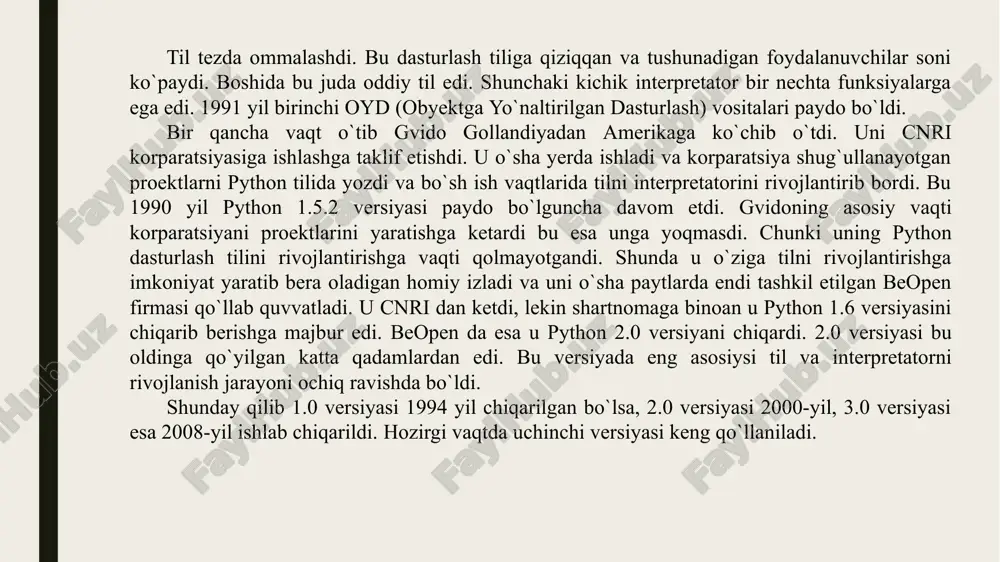 .org/downloads web sahifasiga o'tamiz va u yerdan oxirgi python versiyasini yuklab olamiz. pythonni o'rnatish odatiy dasturlarni o'rnatish kabi kechadi. hech qanday qiyin joyi yo'q. python dasturining o`rnatiluvchi fayli. python dasturlash tilining o`rnatuvchi paketini ustiga sichqoncha ko`ratkichini 2 marta bosamiz va bizga quyidagi oyna hosil bo`ladi. python dasturini o`rnatishni boshlashni ko`rsatuvchi oyna. bu yerda install for all users-barcha foydalanuvchilar uchun. install just for me- faqat siz uchun, agar buni tanlab istalyatsiya qilsak ya’ni o`rnatsak windows vista operatsion sistemasida xatolik yuz beradi va dastur ishlamaydi. shuning uchun install for all users ni tanlaganimiz maqul. keyin next tugmasi bosamiz. . python dasturini o`rnatilish joyini ko`rsatish oynasi. bu yerda esa python dasturlash tilini qayerda o`rnatilishi ko`rsatilayapti python dasturini o`rnatilish jarayoni dastur tuzilishi pythonda har bir instursiya alohida satraga yoziladi. ko’pgina dasturlash tillari (masalan, php, perl va boshqa)da har bir instruksiya nuqtali vergul bilan yakunlanadi. pythonda ham instruksiya ohiriga nuqtlil vergul qo’yish mumkin, biroq majburiy …