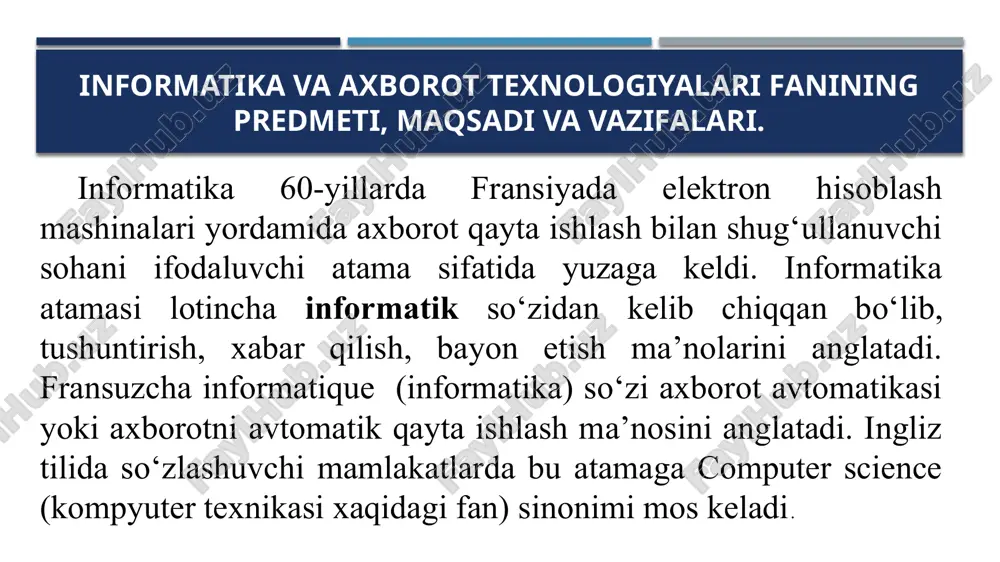 di. kompyuter protsessori asosan kompyuterda boʻladigan jarayonlarni amalga oshirish va boshqarish vazifalarini bajaradi. asosiy oʻlchov birligi chastota hisoblanadi. protsessor chastotasi uning maʼlum vaqt ichida nechta amalni bajara olishini ifodalaydi (ram — random access memory, operativnoye zapominayushyeye ustroystvo, ozu) bu xotira turi vaqtinchalik axborotni o‘zida saqlaydi. dastur yuklanganda dastlab operativ xotiraga yuklanadi va u yerdan ishga tushadi. bundan kelib chiqadiki operativ xotiraning hajmi qancha katta bo‘lsa, bir paytning o‘zida bir necha dasturlarni yuklab, ish olib borishingiz mumkin bo‘ladi (misol uchun ashula eshitib, o‘yin o‘ynash mumkin). hozirgi zamon operativ xotiralar ddr1, ddr2, ddr3, ddr4 turlarga bo‘linadi. soni kattasi yangirog‘i hisoblanadi. doimiy xotira vinchester – hard disk drive – qattiq disk yurituvchi – doimiy xotira qurilmasi asosan kompyuterdagi ma`lumotlarni saqlab turish uchun mo’ljallangan. uni operetiv – tezkor xotiradan farqi shundaki, undagi ma`lumotlarni saqlab turish elektr tokiga bog’liq bo’lmagan xodisa hisoblanadi. shu bilan birga uni xajmi ancha katta bo’ladi va operativ- tezkor xotiradan farqli …