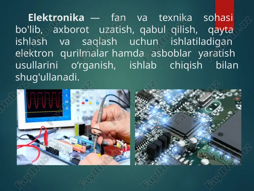 adlarni berk zanjirda yurgizib ma’lum ishni bajaradi. ayrim musbat zaryadni berk zanjirda yurgizish ishi elektr yurituvchi kuch (eyuk) deyiladi: eyuk ning birligi - volt (v): elektr yurituvchi kuch manbalarining bir necha turi bor: 1. galvanik: 2. akkumulyatorlar; 3. elektor generatorlar; 4. kremniyli yarim o‘tkazgichli fotoelementlar (quyosh batereyalari elektr zanjiridaga elementlarning o‘zaro qanday ulanishi ko‘rsatilgan grafik tasvir elektr sxema deyiladi. sxemalarda elektr zanjirdagi xar bir element ma’lum bir qabul qilingan shartli belgi bilan ko‘rsatiladi. etiboringiz uchun raxmat image2.jpeg image3.jpeg image4.png image5.jpeg image6.jpeg image7.jpeg image8.jpeg image9.png image10.png image11.png image12.jpeg image13.png image14.jpeg image15.jpeg image16.jpeg image17.jpeg image18.jpeg image19.jpeg image20.jpeg image21.jpeg image22.jpeg image23.jpeg image24.png image25.wmf oleobject1.bin image26.jpeg image27.png image28.png image29.png closeup of electronic circuit board with cpu microchip electronic components background kl j volt 1 1 1 = /docprops/thumbnail.jpeg