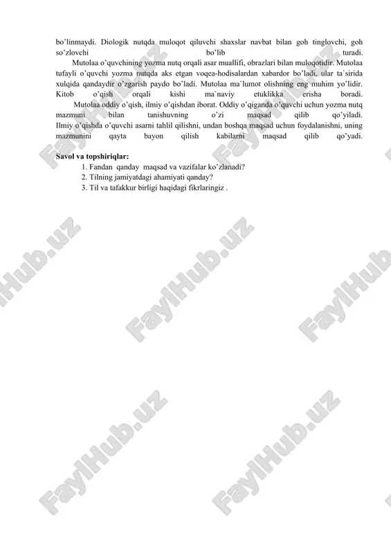 sidagi munosabatlar hamda shu munosabatlarni ta`minlovchi qonun-qoidalarning ishlanish darajasi tushuniladi. t.qudratov bu haqda shunday deydi: “tilning madaniyati deyilganda, uning so’z boyligi, sintaksisining taraqqiyoti va boyish darajasi, so’z ma`nolarining o’tkirligi, nutqiy ohangning rang-barangligi tushuniladi. nutq madaniyati, uning aloqaviy fazilatlari yig’indisi va tizimi bo’lib, ular til madaniyati, til faoliyatida qiynalmaslik, matnning mazmuniy vazifasi va imkoniyati kabi har xil sharoitlarga bog’liq”. til madaniyati til vositalarining boyligi va rang-barangligidan iborat bo’lib, shu tildan foydalanuvchilarning ongida yashaydi. lekin bu boylikning o’zlashish darajasi jamoa a`zolarining har birida har xil bo’ladi. qaysi shaxs til madaniyatiga tegishli vositalarni o’zlashtirgan va ularni o’z nutqi jarayoniga aylantirgan bo’lsa, o’sha shaxsning nutqi shu darajada madaniyatli bo’ladi. nutq yakka shaxs ijodi ekan, uning madaniyati ham shaxsning til imkoniyatlarini qanchalik o’zlashtirganligiga va ulardan nutq sharoitiga mos mohirona foydalana olishiga bog’liqdir. tilning lisoniy imkoniyatlarini egallash ikki bosqichdan: bilish va bu imkoniyatlarni chuqur o’zlashtirishdan iborat. til vositalarini bilish nutqni tinglaganda, ularning ma`nosi va vazifasini anglashda …
