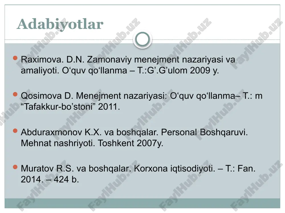 abi namoyondalari - boshqaruv prinsiplari - boshqaruv funksiyalari - tashkilotni yalpi boshqaruvda tizimli yondashuv elton meyo «insoniy munosabatlar» maktabi asoschisidir. ushbu maktab nuqtai nazaridan ishchi ― bu: — fikrsiz robot emas, balki o’z qadr – qimmatini his etadigan shaxs; ― muayyan ijtimoiy ehtiyojlarga ega kishi (odam). boshqaruv saviyasi oliy saviya o’rta saviya quyi saviya boshqaruv saviyasi piramidasi oliy prezident bosh vazir o’rta bo’lim boshliq filial boshliq, quyi kichik jamoa ishchi, boshqaruv raisi, rektorlar, ceo. buxgalter, dekan, brigada, direktor. yatt mamlakat respublika viloyat tuman konsern tarmoq korxona hodimlar ishlab chiqarish menejment obyekti: g. emerson ning «unumdorlikning o’n ikki tamoyili» aniq qo’yilgan g’oya va maqsud; aqli rasolik; asosli maslaxat; qat`iy intizom; xodimlarga nisbatan adolatli munosabat; markazlashtirish; tezkor, ishonchli, to’liq, aniq va doimiy xisob; 8. me`yor va tartib; 9. sharoitni normallashtirish; 10. operatsiyalarni me`yorlash; 11. yozma standart qo’llanmalar; 12. unumdorlik rag’batlantirish. menejment subyekti: ijro etuvchi hokimiyat sud hokimiyati vazirlar kengashi oliy sud, viloyat …