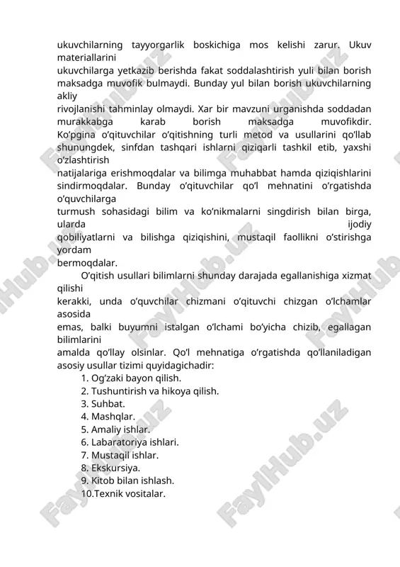 shmoqdalar va bilimga muhabbat hamda qiziqishlarini sindirmoqdalar. bunday o’qituvchilar qo’l mehnatini o’rgatishda o’quvchilarga turmush sohasidagi bilim va ko’nikmalarni singdirish bilan birga, ularda ijodiy qobiliyatlarni va bilishga qiziqishini, mustaqil faollikni o’stirishga yordam bermoqdalar. o’qitish usullari bilimlarni shunday darajada egallanishiga xizmat qilishi kerakki, unda o’quvchilar chizmani o’qituvchi chizgan o’lchamlar asosida emas, balki buyumni istalgan o’lchami bo’yicha chizib, egallagan bilimlarini amalda qo’llay olsinlar. qo’l mehnatiga o’rgatishda qo’llaniladigan asosiy usullar tizimi quyidagichadir: 1. og’zaki bayon qilish. 2. tushuntirish va hikoya qilish. 3. suhbat. 4. mashqlar. 5. amaliy ishlar. 6. labaratoriya ishlari. 7. mustaqil ishlar. 8. ekskursiya. 9. kitob bilan ishlash. 10.texnik vositalar. texnologiya ta’limi jarayonida o’quvchilarni texnologiya ta’limi va tarbiyasiga tayyorlashda mana shu usullardan samarali foydalanilsa o’qituvchi o’quvchilarning texnologiya ta’limi va tarbiyasining malaka va ko’nikmalarini egallashlariga va mehnatga tayyorlash to’g’ri tarbiyalansa, haqiqiy mehnatkash uchun zarur bo’lgan sifatlar shakllanadi. og’zaki bayon qilish usuli ikki xil ko’rinishda bo’lishi mumkin: 1. monologik bayon qilish, bunda faqat o’qituvchi …