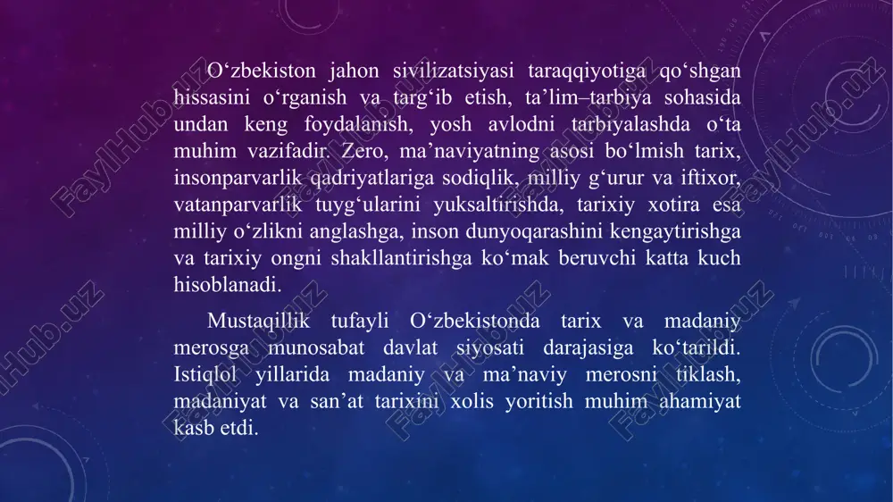 nchi holda dashtu sahrolarda yashovchi xalqlarga, madaniylik - shaharda o‘troq holda yashab, o‘ziga xos turmush tarziga ega bo‘lgan xalqlarga nisbatan ishlatilgan. madaniyat musiqa, adabiyot, badiiy tasvir, me’morchilik, teatr, kinematografiya, turmush tarzi kabi faoliyatlarda namoyon bo‘lishi mumkin. antropologiyada “madaniyat” atamasi ostida mahsulotlar va ularni ishlab chiqarish, estetik ma’no berish, hamda shu jarayonlarga bog‘langan ijtimoiy munosabatlar tushuniladi. bu ma’noda madaniyat o‘z ichiga san’at, fan va ma’naviy tizimlarni oladi. san’at juda qadim zamonlarda, mehnat jarayonining taraqqiyoti natijasida paydo bo‘ldi. mehnat jarayonida inson tafakkuri kamol topdi, go‘zallik hissi ortdi, voqelikdagi go‘zallik, qulaylik va foydalilik tushunchalari kengaydi. markaziy osiyo mintaqasidagi tabiiy sharoitning qulayligi, ekologik muhit bu yerlarda insoniyatning ilk manzillarining paydo bo‘lishi va ibtidoiy jamoa tuzumining shakllanishiga imkon berdi. “madaniyat” atamasi hozirgi zamon ilmiy adabiyotlarda rang-barang ma’nolarda ifodalangan. «madaniyat» va «kultur» atamalari mutaxassislar fikriga ko‘ra ayni ma’noni anglatib, lotincha «ishlov berish», «parvarish qilish» ma’nosini anglatgan. keyinchalik «ma’rifatli bo‘lish», «tarbiyali», «bilimli bo‘lish» mazmunida ishlatilgan. o‘zbek tilida …