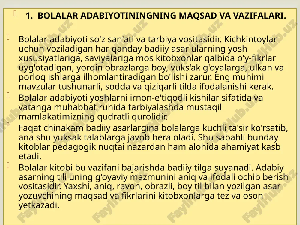 azmuni sodda bo'lishi talab etiladi. shuningdek, bunday kitoblarning rasmlari rang-barang, harflari esa yirik-yirik bo'lishi maqsadga muvofiq. maktabgacha ta'lim yoshidagi bolalar tinglaydigan asarlarning katta ko'pchiligini alla-qo'shiq, ertak topishmoq, maqol, tez aytish kabi xalq og'zaki ijodi asarlari tashkil etadi. bundan tashqari, yozuvchilar yaratgan va yuqoridagi talablarga to'la-to'kis javob beradigan asarlar ham maktabgacha ta'lim yoshidagi bolalar uchun qo'l keladi. ammo shu narsani ham ta'kidlab o'tish kerakki, bolalar uchun ijod qiladigan qalam sohibi hayotdagi muhim, xarakterii voqea va hodisalarni badiiy obrazlar orqali bolalar nutqiga mos tilda, ularning yoshi, ruhiyati va saviyasiga muvofiq ravishda tasvirlashi lozim.  bolalar shoiri anvar obidjon o'zining «suhbat» degan she' rida bolalar yaxshi ko'radigan g'ozlar to'g'risida so'z yuritadi. ma'lumki, bolalar jonivorlar, xususan, qushlarga ilk yoshlaridan boshlab qiziqadilar. shu jihatdaa qaraydigan bo'lsak, «suhbat» bola hayotida muhim rol o'ynaydi. voqea juda oddiy va sodda. o'zaro suhbatdan ma'lum bo'ladiki, g'ozlarning qorni och, ulami boqish kerak. buni shoir o'yin vositasida ifoda etadi: — g'ozlar, …