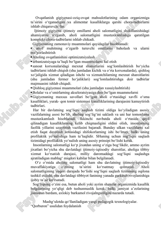 i o‘rganadi, ishchilarning sog‘lig‘ini saqlaydigan gigiyenik va davolash-profilaktik chora-tadbirlarini ishlab chikadi. radiatsion gigiyena–odam organizmiga ionlashgan nurlarning ta’sirini o‘rganadi, hamda shu nurlar bilan aloqa qiluvchi insonlarga radiatsion xavfsizlik chora-tadbirlarni ishlab chiqadi. harbiy gigiyena–harbiy xizmatchilar organizmiga tashqi muhit omillarining ta’sirini o‘rganib, qo‘shinlarning gigiyenik taminlanishi jixatidan nazariy va amaliy vazifalarini ishlab chikadigan fan.bolalar va o‘smirlar gigiyenasi–atrof-muhit omillarining bolalar va o‘smirlar organizmiga ta’sirini o‘rganadi hamda gigiyenik meyorlar va chora-tadbirlarni ishlab chiqadi. ovqatlanish gigiyenasi-oziq-ovqat mahsulotlarining odam organizmiga ta’sirini o‘rganadigan va alimentar kasalliklarga qarshi chora-tadbirlarni ishlab chiqaruvchi fan. ijtimoiy gigiyena–ijtimoiy omillarni aholi salomatligini shakillanishidagi ahamiyatini o‘rganib, aholi salomatligini mustaxkamlashga qaratilgan kompleks chora-tadbirlarni ishlab chikadi. gigiyenaning zamonaviy muammolari quyidagilar hisoblanadi: · atrof muhitning o‘zgarib turuvchi omillarini baholash va ularni me’yorlashtirish · aholing ovqatlanishini optimizatsiyalash · urbanizatsiyaga ta’luqli bo‘lgan muammolarni hal etish · sanoat korxonalaridagi mexnat sharoitlarini sog‘lomlashtirish bo‘yicha tadbirlarni ishlab chiqish (shu jumladan kichik va o‘rta korxonalarda), qishloq xo‘jaligida xizmat qiladigan ishchi va xizmatchilarning mexnat sharoitlarini (shu …