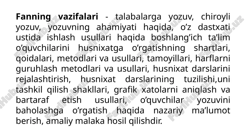 chiziqlari birin-ketin almashuvi davomida harflarning qiyaligini va ular orasidagi masofani to'g'ri saqlash, kichik va bosh harflarning nisbatini to'g'ri chamalab yozishga o'rgatish juda muhimdir. husnixat darslarida ma`lum guruhga oid harflarni yozishga o'rgatish o'quvchilarda uchraydigan ayrim tipik xatolarning oldini olish va tuzatish ustida ham ish olib borish lozim. yozuv tezligi oshishi bilan ayrim bir-biriga o'xshash harflarning shaklini buzib yozish hollari uchraganda esa, ularni qayta mashq qildirish kerak. chiroyli yozuvga o'rgatishda daftardan to'gri foydalanishga alohida e`tibor berish zarur. ikkl chiziqli daftardan bir chiziqli daftarga o'tganda o'quvchilar oldiga qator vazifalar qo'yiladi. chiroyli yozuvga o'rgatish umumiy didaktik qoidalar bilan birga, yozuv malakasini shakllantiruvchi o'ziga xos qoidalarni ham o'z ichiga oladi. 1.umumiy didaktik qoidalar takroriylik, ko'rgazmalilik, yosh va o'ziga xos xususiyatlarni hisobga olish, tushunarlilik, onglilik husnixat metodikasining maqsad va vazifalarini amalga oshirishda alohida ahamiyat kasb etadi. 2.yozuvga - husnixatga o'rgatishning vazifasi harfni, so'z, gap va matnni to'g'ri va chiroyli yozishni takomillashtirishdir. 3.yozuvni o'rganish jarayonida o'quvchi tovushning …