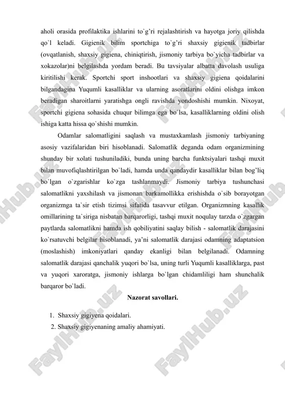 sababli gigiena fani yutuqlarini chuqur bilishi kerak. gigienik ma`lumotlar sportchiga aholi orasida profilaktika ishlarini to`g’ri rejalashtirish va hayotga joriy qilishda qo`l keladi. gigienik bilim sportchiga to`g’ri shaxsiy gigienik tadbirlar (ovqatlanish, shaxsiy gigiena, chiniqtirish, jismoniy tarbiya bo`yicha tadbirlar va xokazolar)ni belgilashda yordam beradi. bu tavsiyalar albatta davolash usuliga kiritilishi kerak. sportchi sport inshootlari va shaxsiy gigiena qoidalarini bilgandagina yuqumli kasalliklar va ularning asoratlarini oldini olishga imkon beradigan sharoitlarni yaratishga ongli ravishda yondoshishi mumkin. nixoyat, sportchi gigiena sohasida chuqur bilimga ega bo`lsa, kasalliklarning oldini olish ishiga katta hissa qo`shishi mumkin. odamlar salomatligini saqlash va mustaxkamlash jismoniy tarbiyaning asosiy vazifalaridan biri hisoblanadi. salomatlik deganda odam organizmining shunday bir xolati tushuniladiki, bunda uning barcha funktsiyalari tashqi muxit bilan muvofiqlashtirilgan bo`ladi, hamda unda qandaydir kasalliklar bilan bog’liq bo`lgan o`zgarishlar ko`zga tashlanmaydi. jismoniy tarbiya tushunchasi salomatlikni yaxshilash va jismonan barkamollikka erishishda o`sib borayotgan organizmga ta`sir etish tizimsi sifatida tasavvur etilgan. organizmning kasallik omillarining ta`siriga nisbatan barqarorligi, …