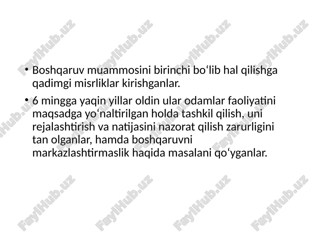 va ko‘pgina to‘lovlar yo‘li bilan yaxshi ishni rag‘batlantirgan. bu islohotlar haqiqat va rahbar rolini insoniy idrok etishning mohiyatida noyob yorib o‘tish bo‘lgan. ammo, shunga qaramasdan, o‘sha davrning tadbirkorlari r.ouenning islohotlarida sog‘lom fikrni kamroq ko‘rganlar, ulardan hech biri uning misoliga ergashmagan, chunki ularda boshqaruvga qiziqish bo‘lmagan faqat xix-xx asrlar oralarida menejment insoniy bilimlar, fanning mustaqil sohasiga aylangan. amerikalik jozef varton 1881 yilda birinchi marta kollejlarda o‘qitish uchun menejment kursini ishlab chiqqan. amerikalik muhandis f. teylor 1911 yilda o‘zining “ilmiy menejment tamoyillari” kitobini nashr qilgan, u umumiy qiziqishni keltirib chiqargan va unda birinchi marta boshqaruv fan va tadqiqotning mustaqil sohasi deb tan olingan. angliyadagi sanoat inqilobi boshqaruvga qiziqishni dastlabki uyg‘otuvchi asosiy kuch bo‘lgan. ammo boshqaruv tashkilotning rivojlanishi va muvaffaqiyatiga katta hissa qo‘shishi haqidagi g‘oya birinchi marta zamonaviy boshqaruvning vatani bo‘lgan amerikada vujudga kelgan. menejmentning paydo bo‘lishi quyidagi asosiy sharoitlar bilan bog‘liq: mashinali ishlab chiqarishni rivojlanishi, boshqaruvchiga talablarni o‘sishi, mulk egasi va tadbirkorni …