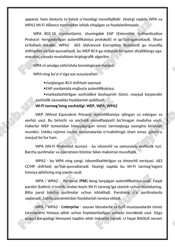 keng tarqalgan autentifikatsiya usuli. faqat parolni (kalitni) o‘rnatib, undan keyin wi-fi tarmog‘iga ulanish uchun foydalaning. bitta parol barcha qurilmalar uchun ishlatiladi. parolning o‘zi qurilmalarda saqlanadi. ushbu parametrdan foydalanish tavsiya etiladi. wpa / wpa2 - enterprise - asosan idoralarda va turli muassasalarda simsiz tarmoqlarni himoya qilish uchun foydalaniladigan yanada murakkab usul. sizga yuqori darajadagi himoyani taqdim etish imkonini beradi. u faqat radius serveri (parollarni keltirib chiqaradigan) qurilmani avtorizatsiya qilish uchun o‘rnatilganida ishlatiladi. simsiz tarmoqda qurilmalarni mac adreslar filtri yordamida nazorat qilish mumkin. buning uchun quyidagi amallarni bajarish kerak bo‘ladi. cisco pragrammasi orqali computerlar va swicht ulab plamiz komputer ustiga bosib shu oynani ochib olamiz va desktop bolimiga kirib olamiz ip manzilni yozmiz xabar junatib tekshirib kuramiz image3.png image4.png image1.png image2.png