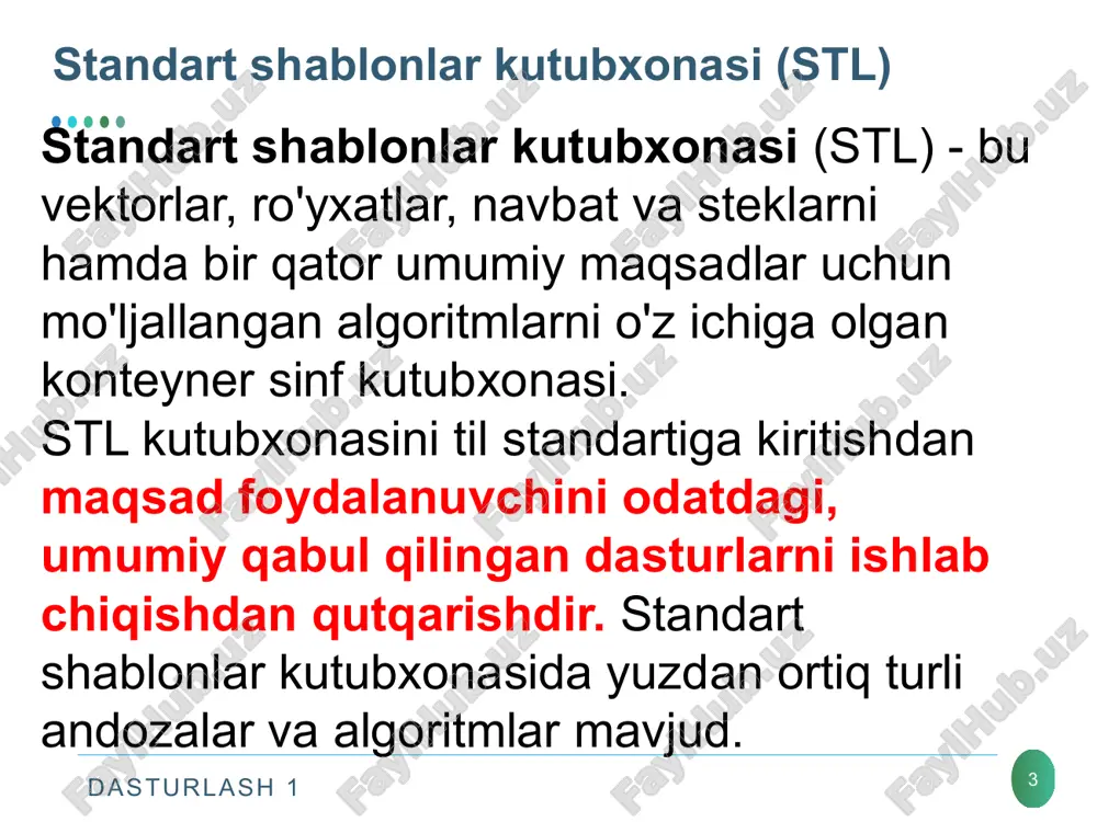 lar soni uchun qavs ichida ob'ekt nomidan keyin ko'rsatib zaxiralashi mumkin, masalan: vector int s(50); vektordagi elementlar sonini size () funktsiya - a'zosi yordamida topish mumkin: size_type size() const; resize funktsiya vektorning kattaligini o'zgartiradi. u quyidagi prototipga ega: void resize(size_type sz); dasturlash 1 vektor 13 agar sz vektorining yangi qiymati joriy qiymatdan katta bo'lsa, u holda vektorning oxiriga t sinf elementlarining kerakli soni qo'shiladi.vektorning yangi qiymati hozirgi qiymatidan kichik bo'lsa, vektor oxiridan kesilgan. funktsiya void pop_back(); //vektorning oxirgi elementini o’chiradi. vektor elementlariga indekslar bo'yicha murojaat qilishingiz mumkin. indeks qiymatlari noldan boshlanadi. masalan, vektorning yuqorida e'lon qilingan to'rtinchi elementiga quyidagicha qiymat berishingiz mumkin: int s[3] = 15; agar vektor elementlari uchun dastlab ajratilgan xotira tugagan bo'lsa, vektor elementlari soni avtomatik ravishda ko'payadi. dasturlash 1 vektor 14 push_back () a'zosi funktsiyasidan foydalangan holda vektor oxiriga element qo'shishingiz mumkin, ammo buning uchun nusxa ko'chirish konstruktori ob'ektlar sinfida aniqlanishi kerak (bu funktsiya konteynerga element …